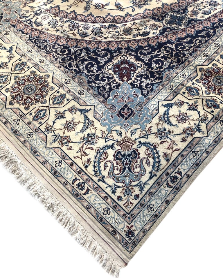 Persian Hand Knotted Oval Medallion Floral Cream Blue Nain Rug 6 La For