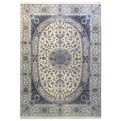 Persian Hand Knotted Oval Medallion Floral Cream Blue Nain Rug 6 La