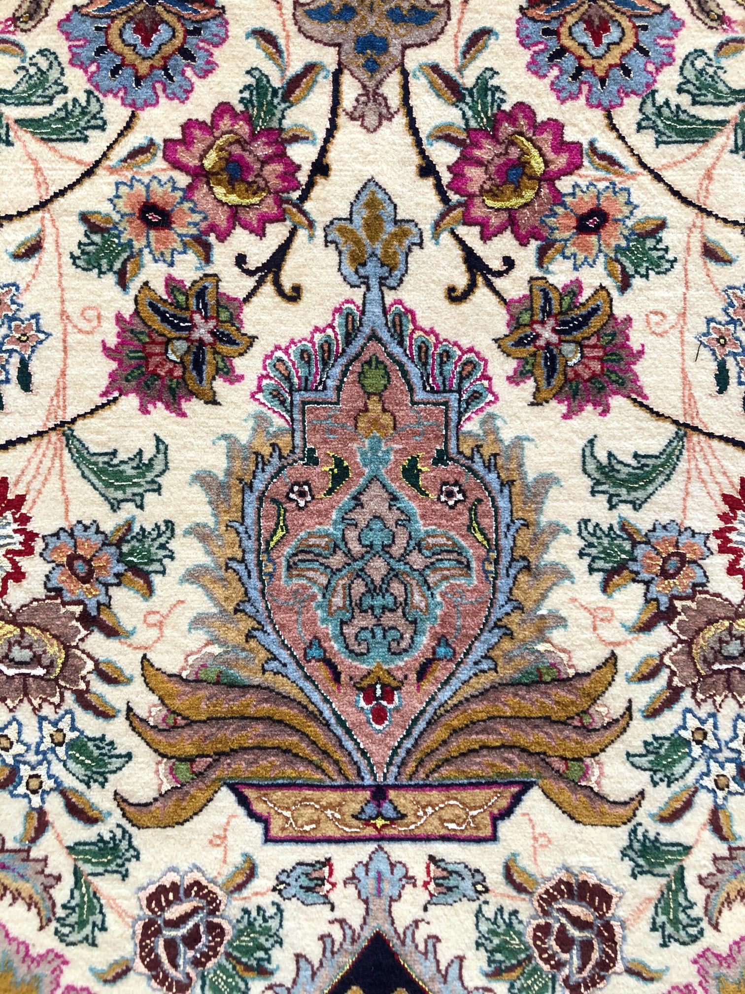 Persian Hand Knotted Oval Medallion Floral Design Silk Tabriz Rug 7