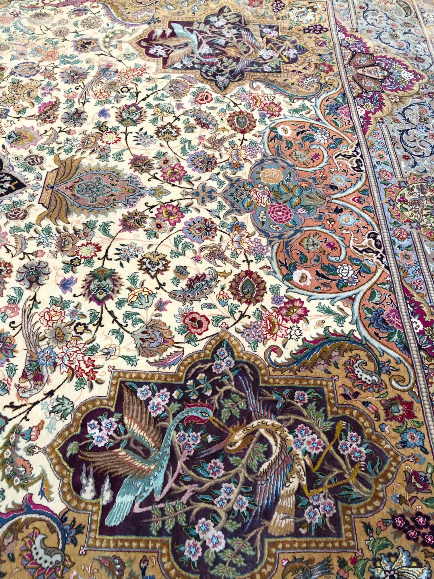 Persian Hand Knotted Oval Medallion Floral Design Silk Tabriz Rug 14