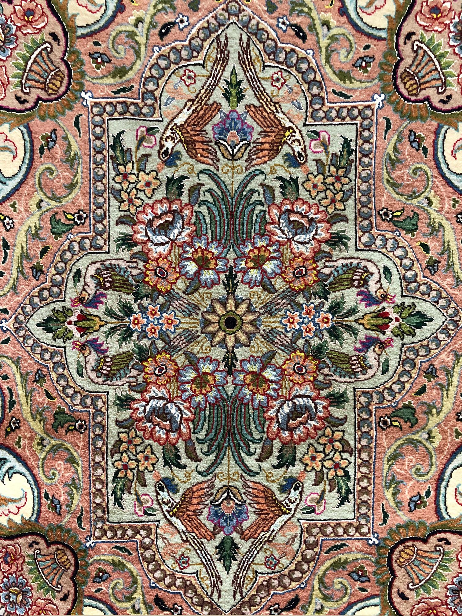 Hand-Knotted Persian Hand Knotted Oval Medallion Floral Design Silk Tabriz Rug