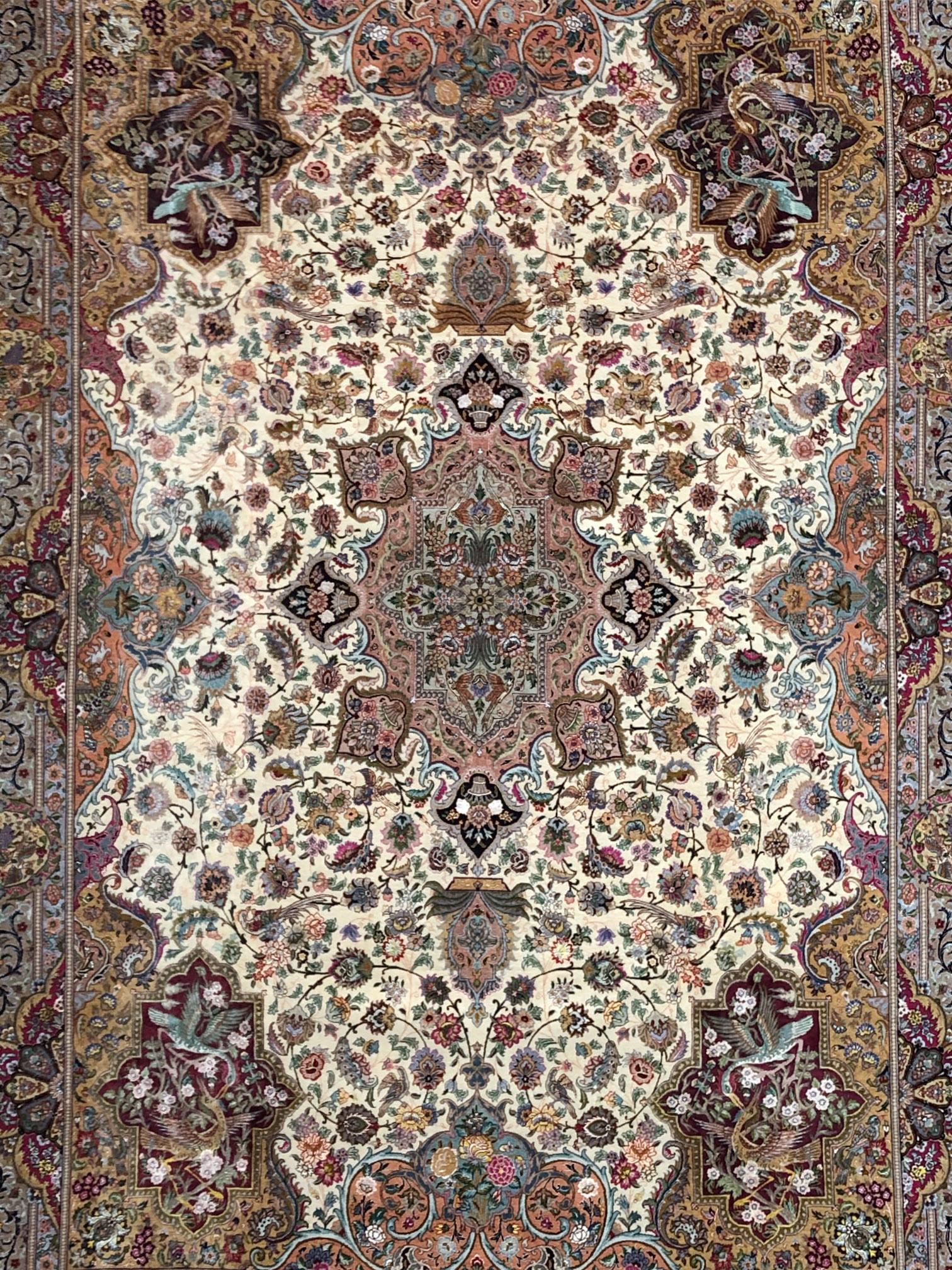 Late 20th Century Persian Hand Knotted Oval Medallion Floral Design Silk Tabriz Rug
