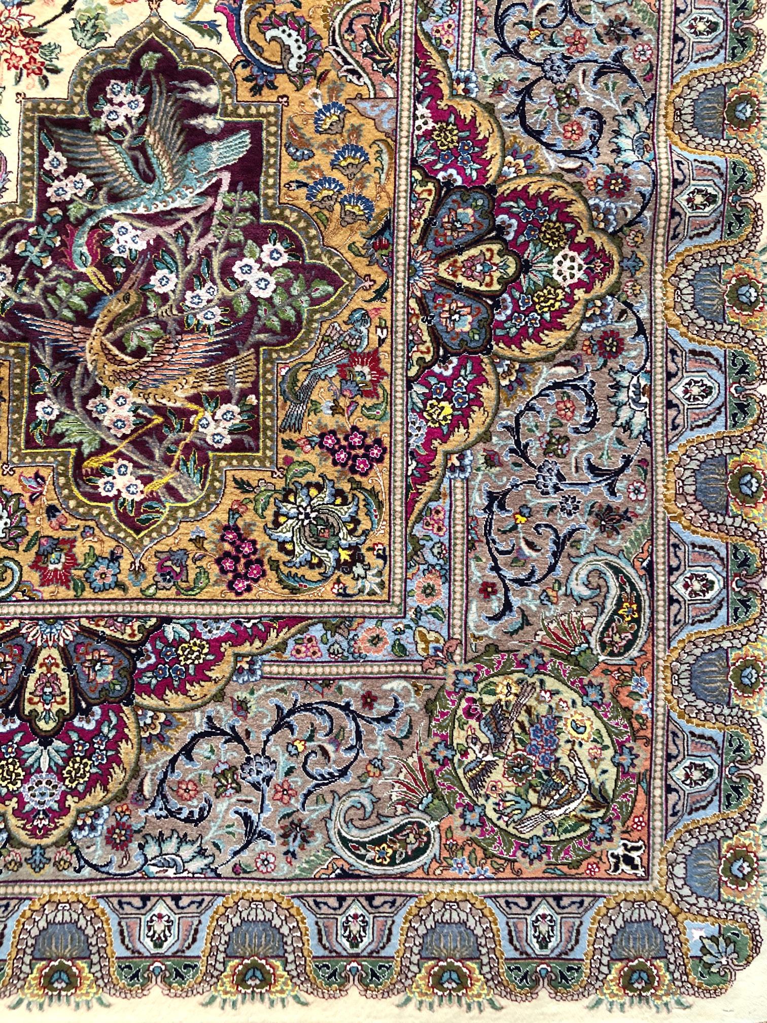 Persian Hand Knotted Oval Medallion Floral Design Silk Tabriz Rug 1