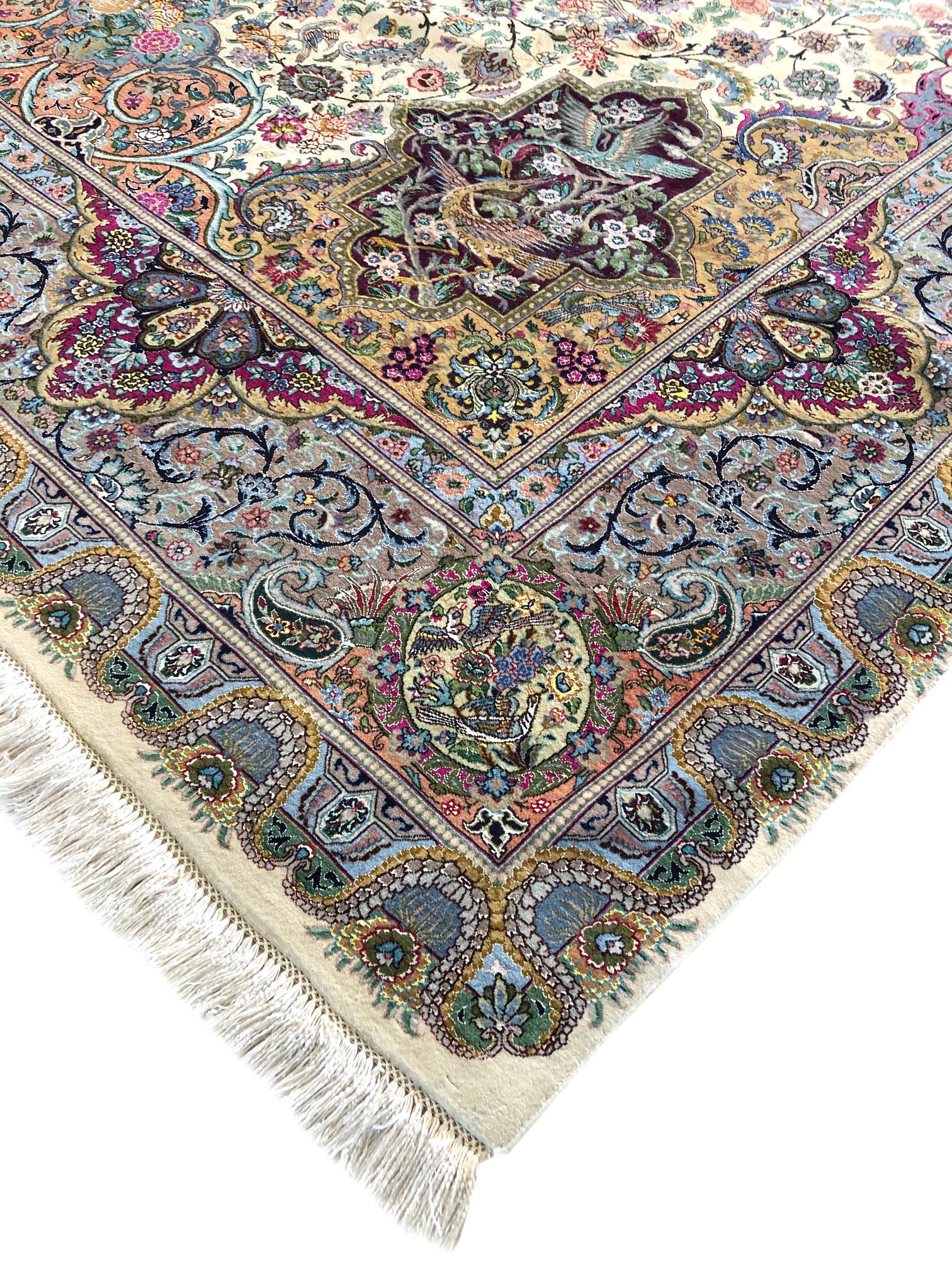 Persian Hand Knotted Oval Medallion Floral Design Silk Tabriz Rug 3