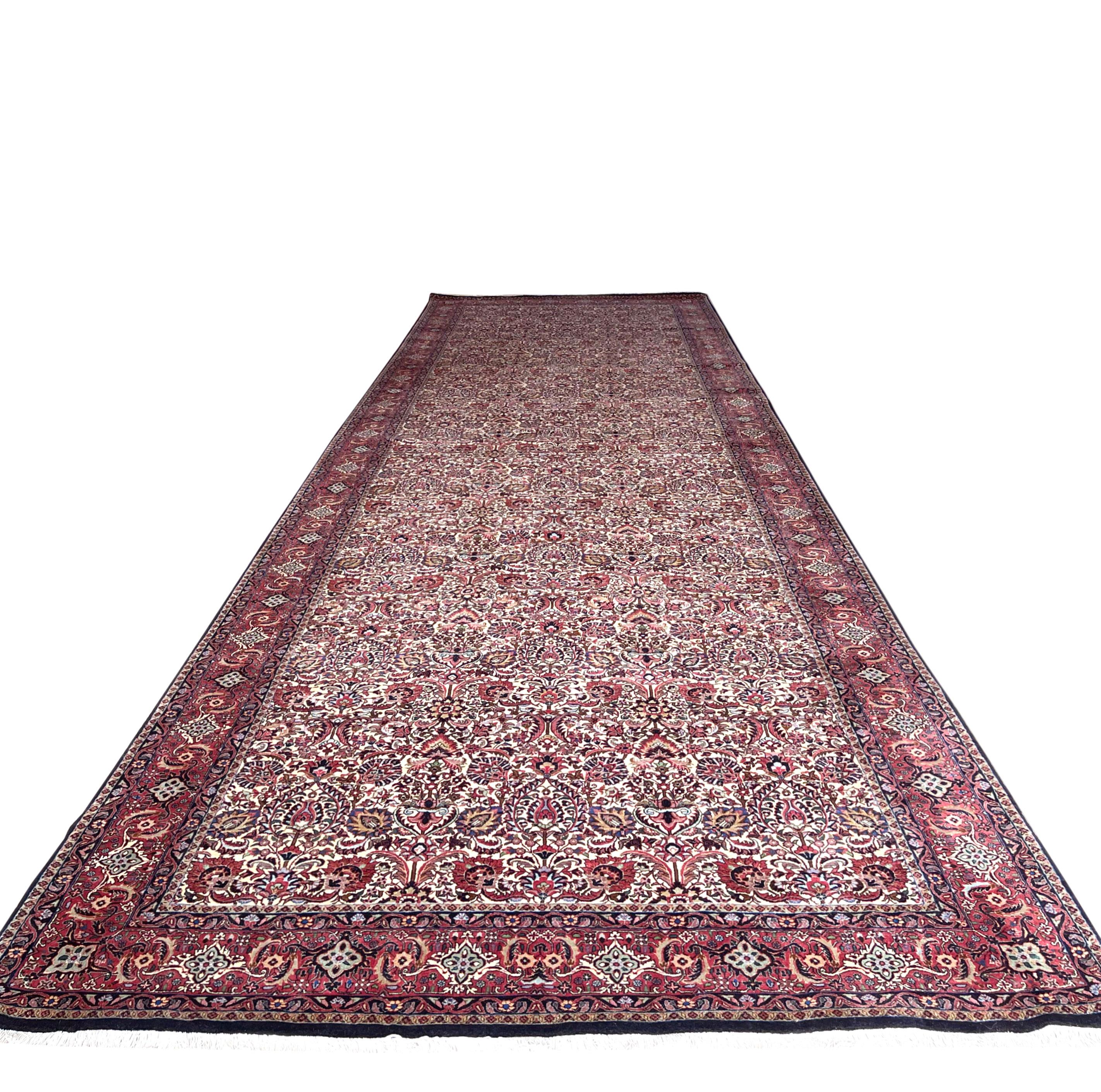 Persian Hand Knotted Red All over Design Semi Floral Red Bijar Bidjar Runner Rug For Sale 8