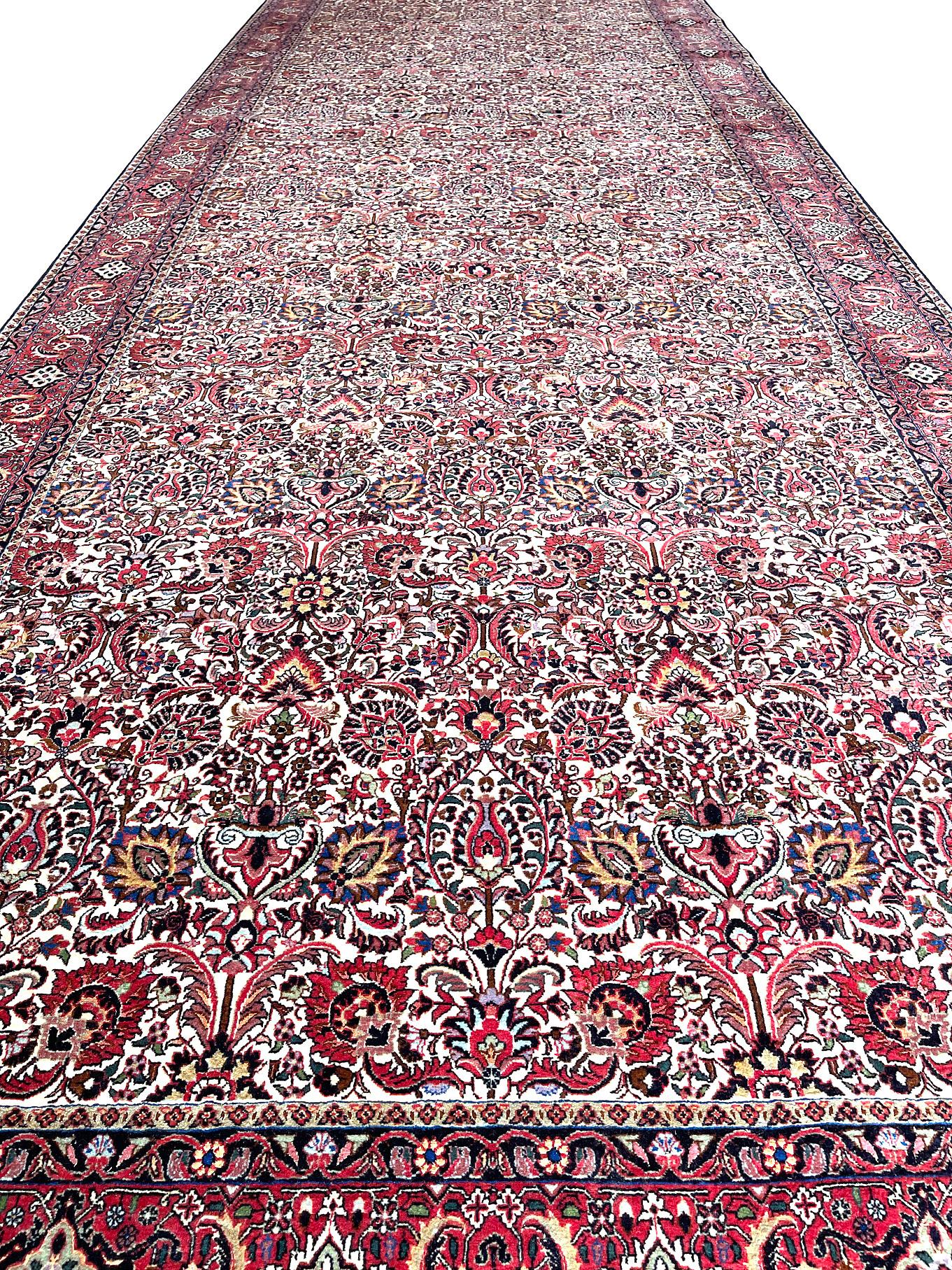 Hand-Knotted Persian Hand Knotted Red All over Design Semi Floral Red Bijar Bidjar Runner Rug For Sale