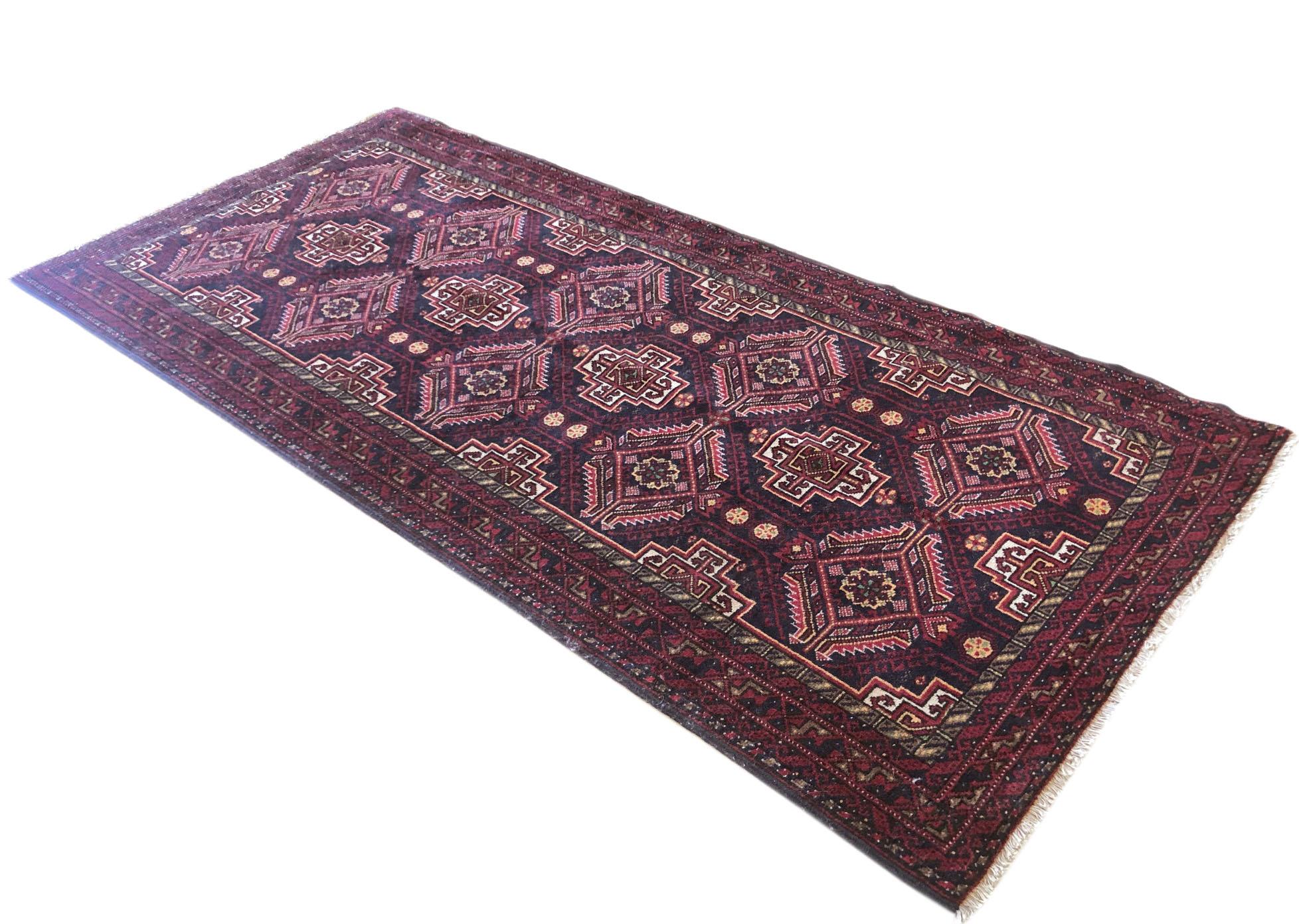 Wool Persian Hand Knotted Red Black All-Over Baluchi Rug, circa 1960