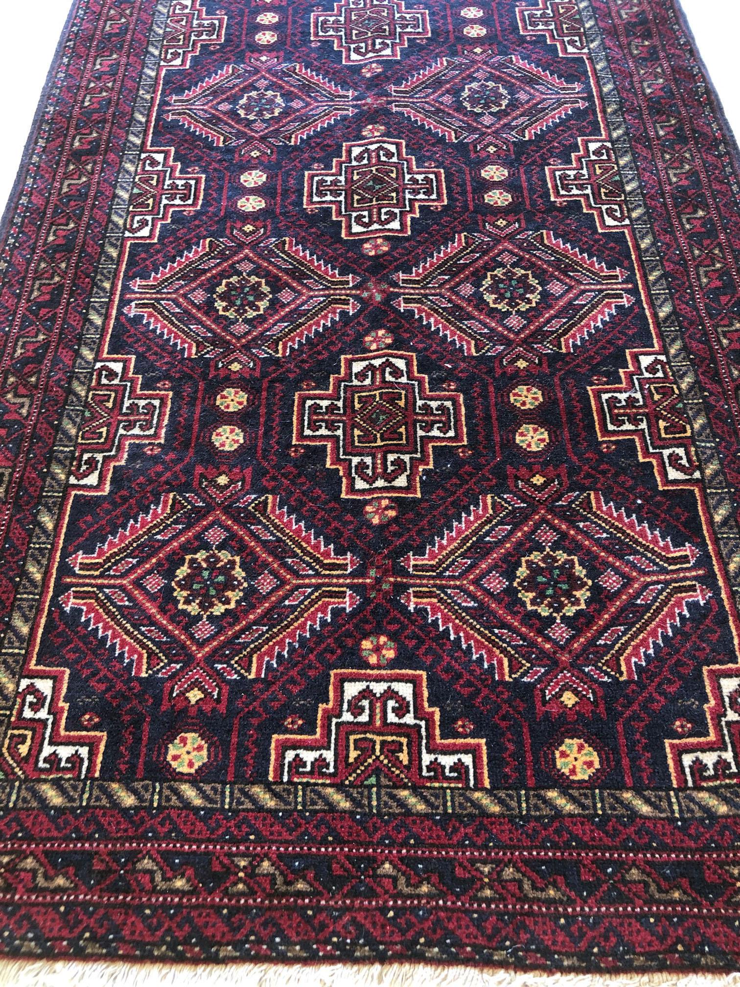 Persian Hand Knotted Red Black All-Over Baluchi Rug, circa 1960 2