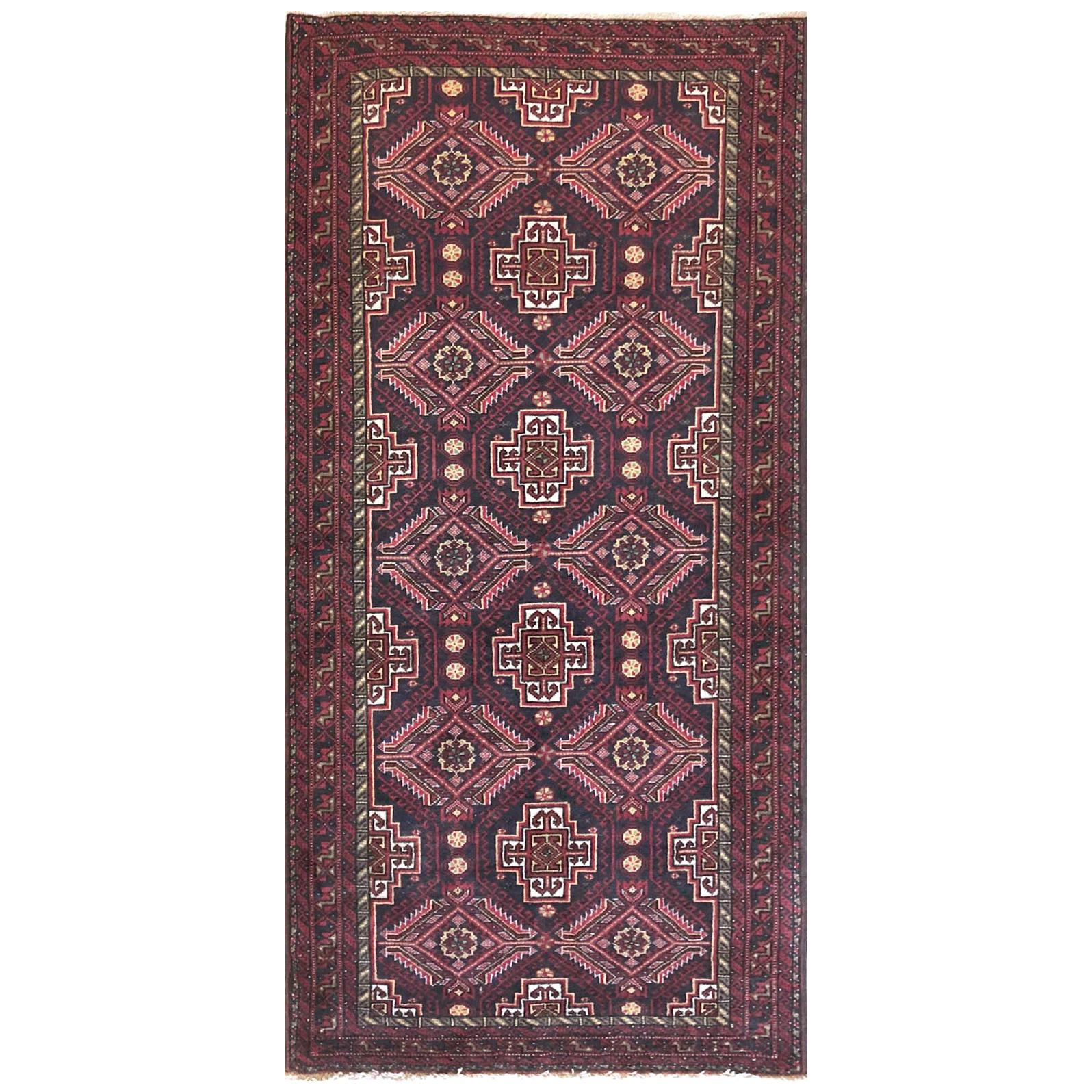 Persian Hand Knotted Red Black All-Over Baluchi Rug, circa 1960