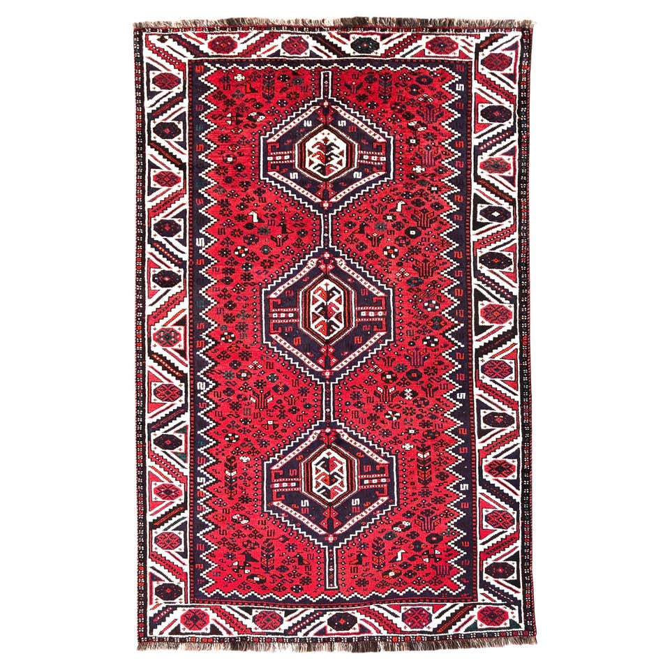 Persian Hand Knotted Tribal Bird Motif Red Ghashghai Rug at 1stDibs ...