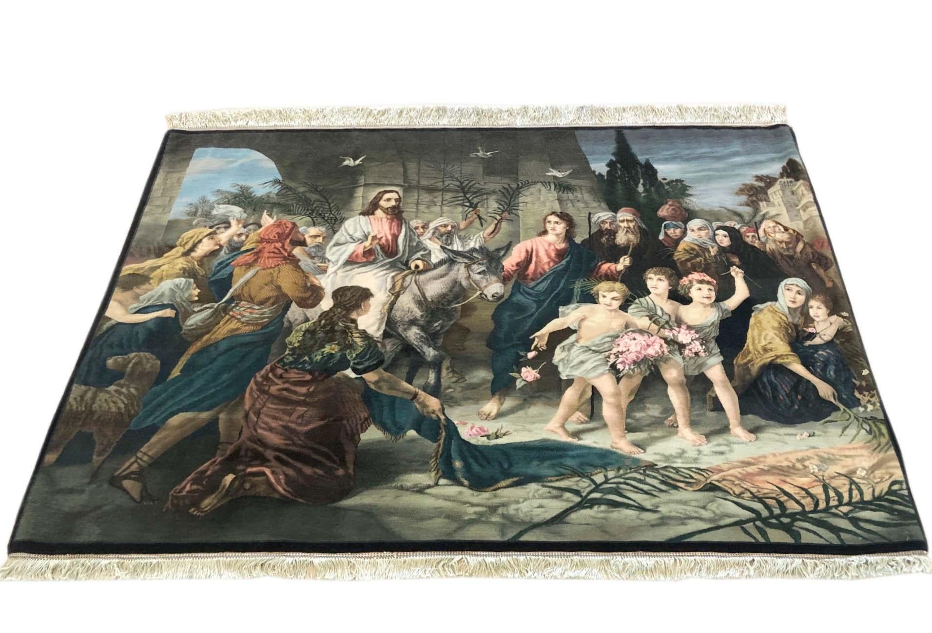 This beautiful authentic rug has been woven in Tabriz, Iran. This rug features a history of Jesus Christ and scenery. The pile is wool with silk foundation. The size is 3 feet 11 wide inches by 5 feet 10 inch tall.  In this brand new rug the