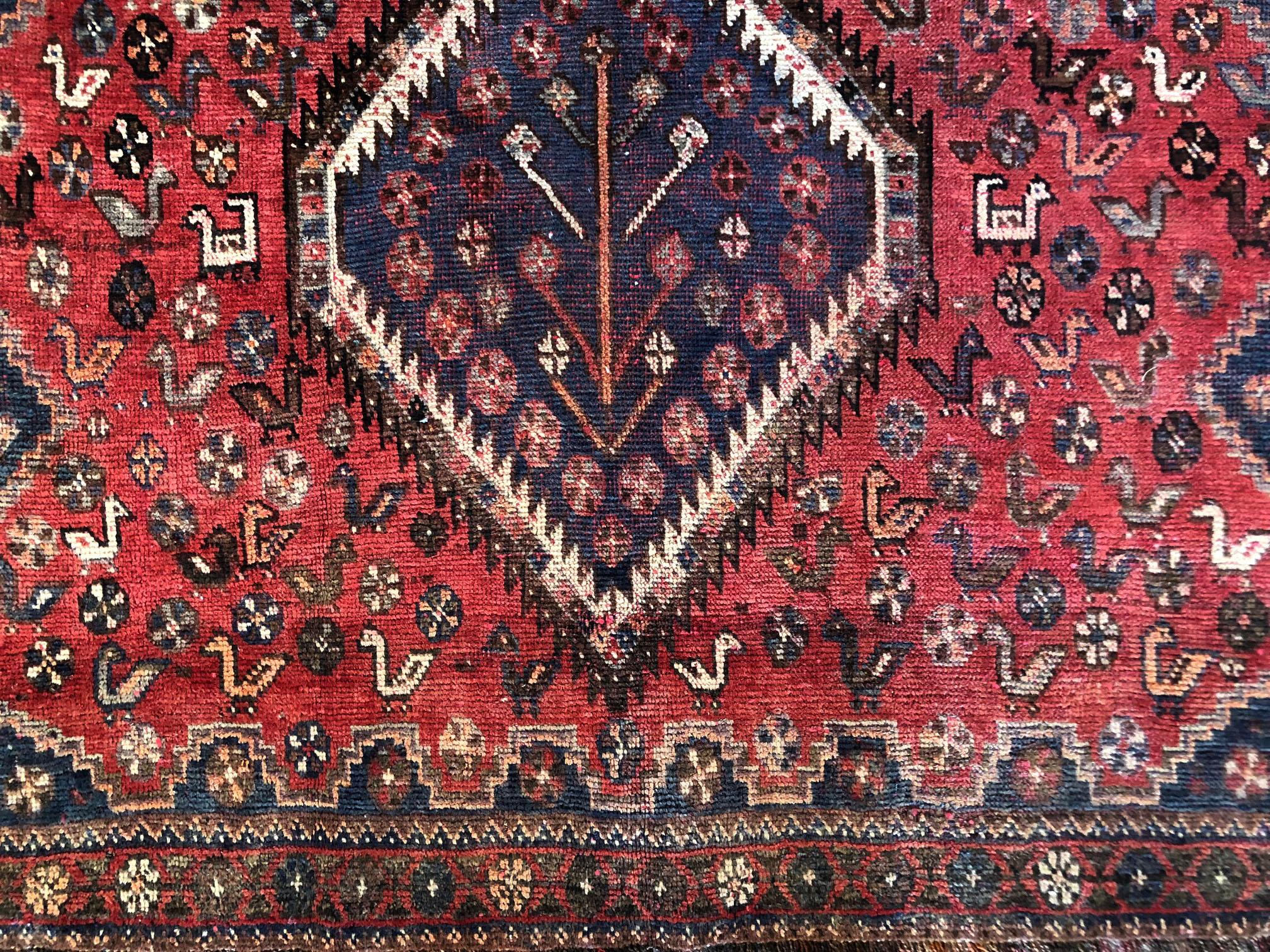 Persian Hand-Knotted Repeated Medallion Red Shiraz Bird Motif Rug In Excellent Condition In San Diego, CA