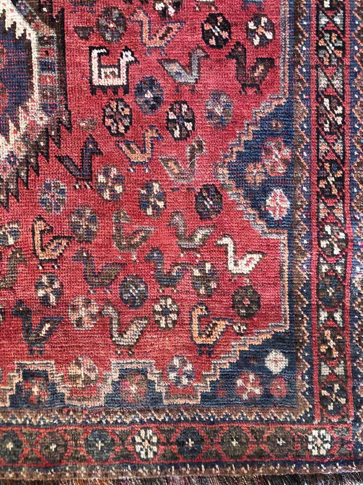 20th Century Persian Hand-Knotted Repeated Medallion Red Shiraz Bird Motif Rug