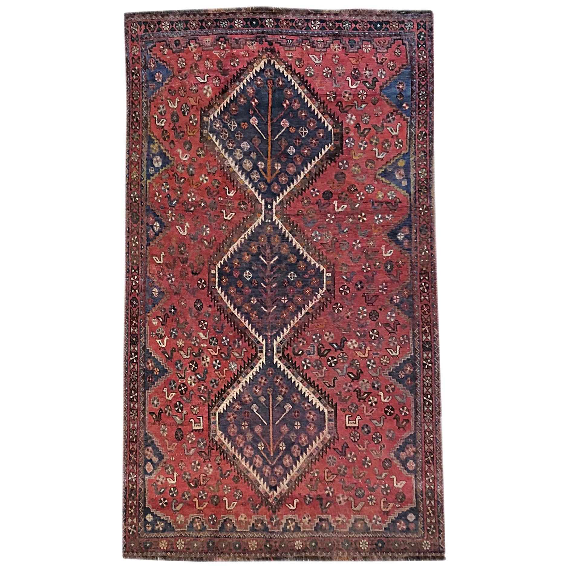 Persian Hand-Knotted Repeated Medallion Red Shiraz Bird Motif Rug