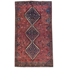 Persian Hand-Knotted Repeated Medallion Red Shiraz Bird Motif Rug