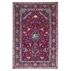 Vintage Persian Hand Knotted Scenery Medallion Floral Red Blue Kashan Rug, 1940