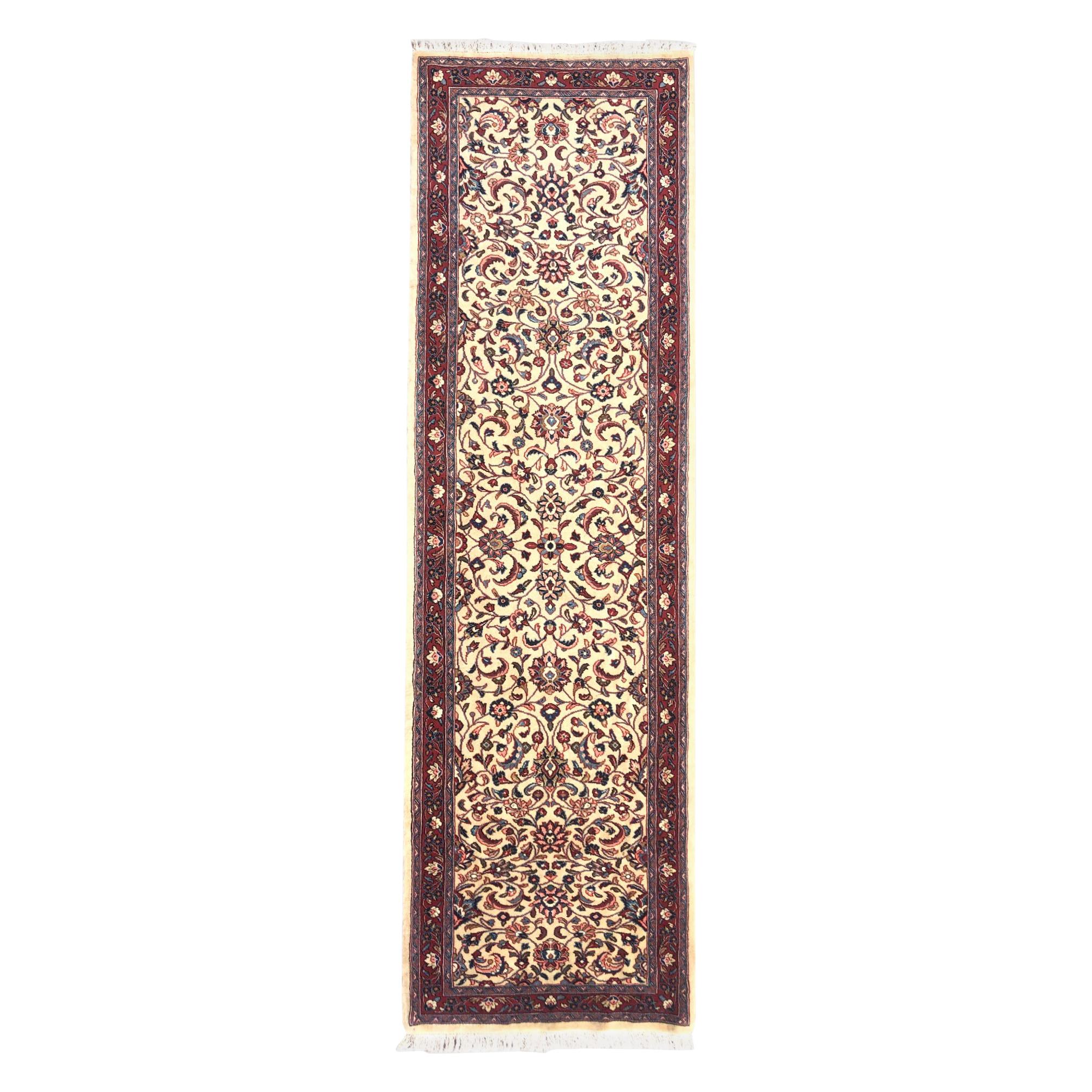 Persian Hand Knotted Semi Floral Red Cream Sarouk Runner Rug For Sale
