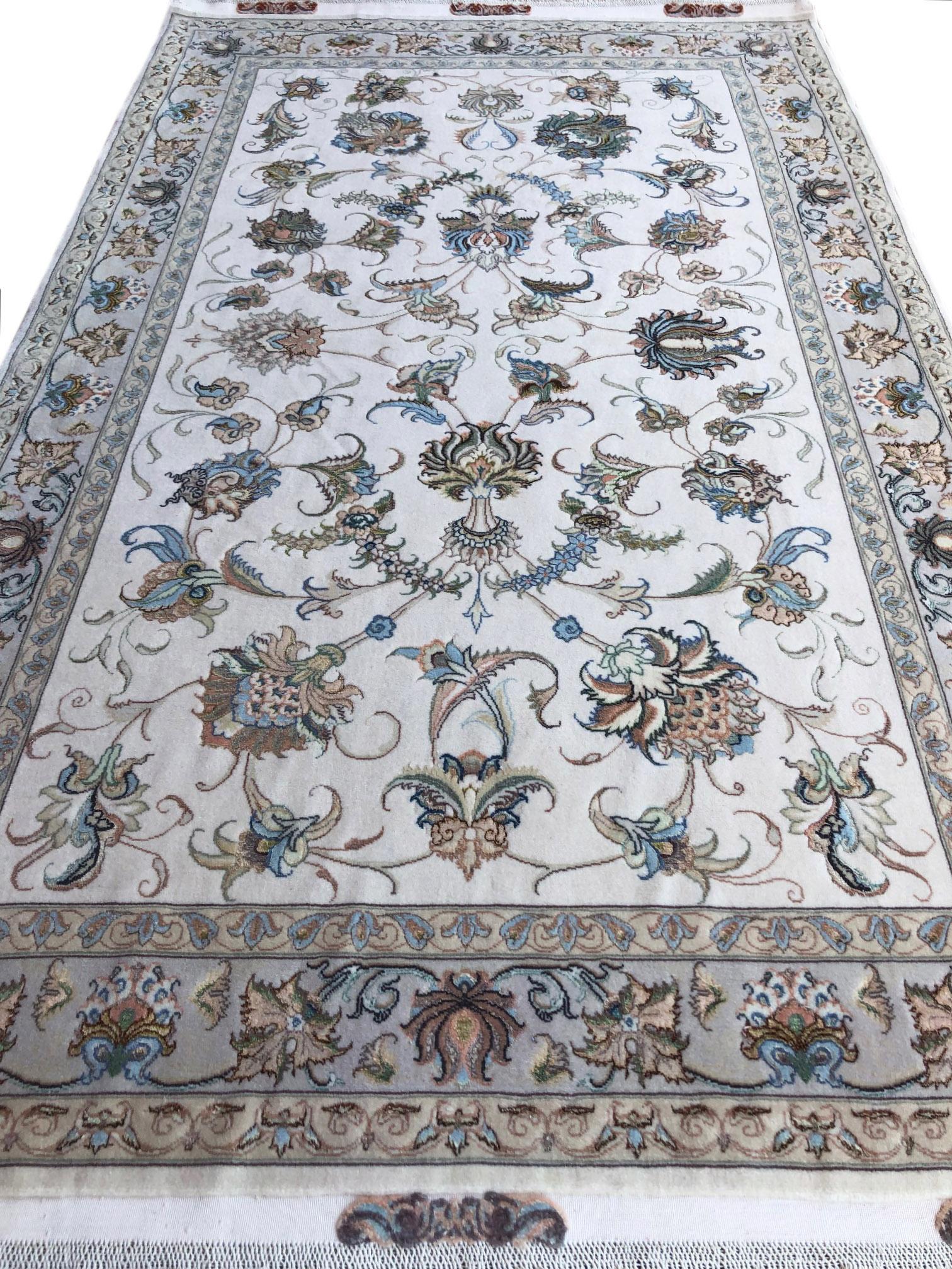 Hand-Knotted Persian Hand Knotted Semi Medallion Floral Cream Silk Tabriz Rug 60 Raj For Sale