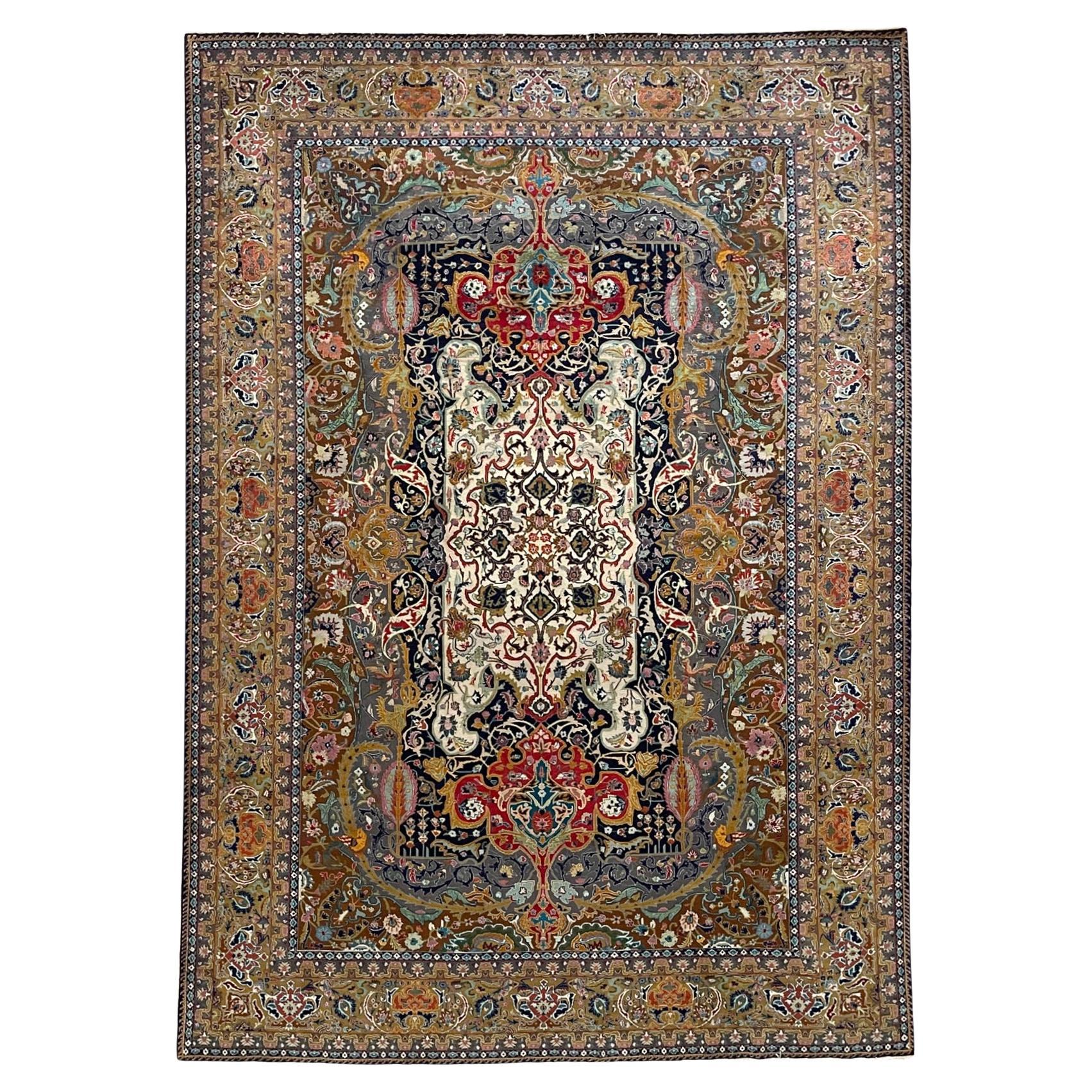 Persian Hand Knotted Semi Medallion Floral Tabriz Rug, circa 1960 For Sale
