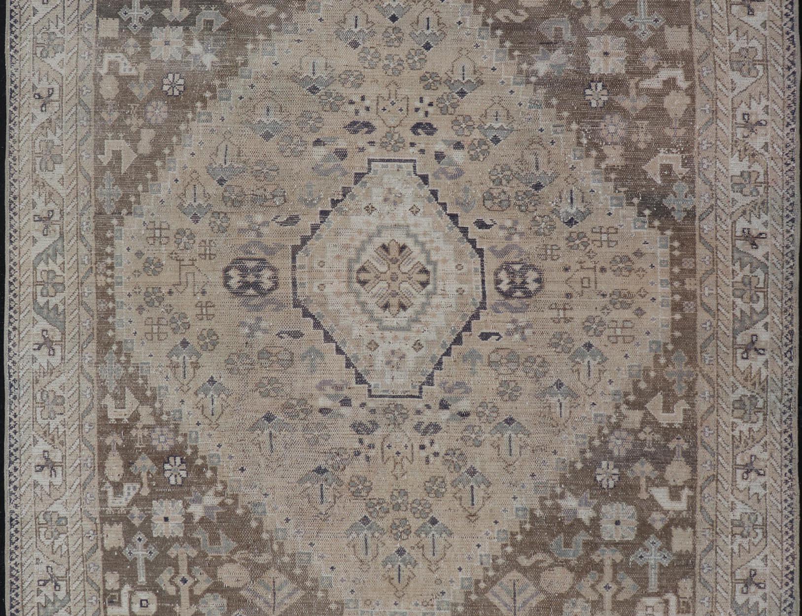 Tribal Persian Hand Knotted Shiraz Rug with Vertical Sub-Geometric Medallion