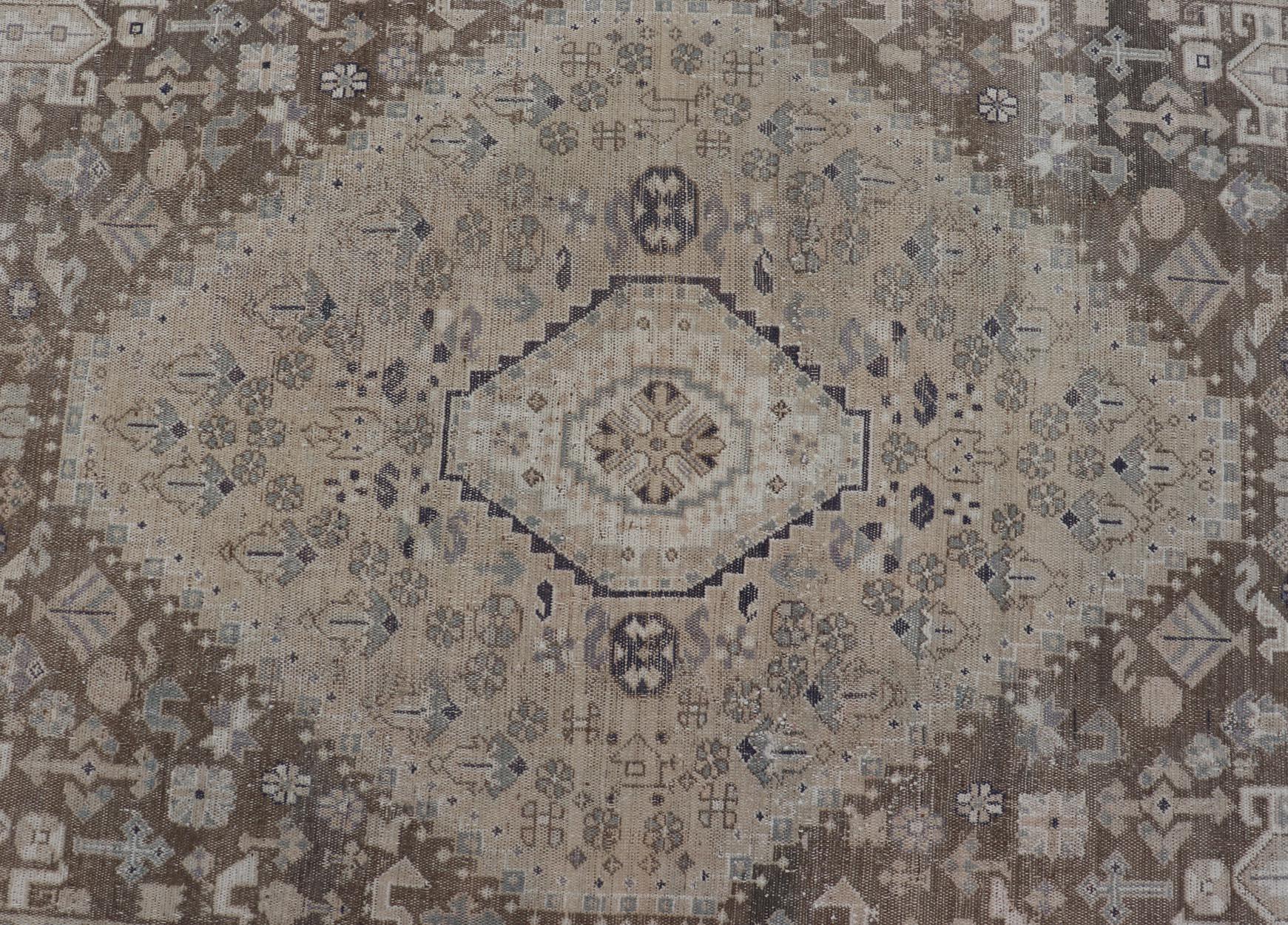 Persian Hand Knotted Shiraz Rug with Vertical Sub-Geometric Medallion 1