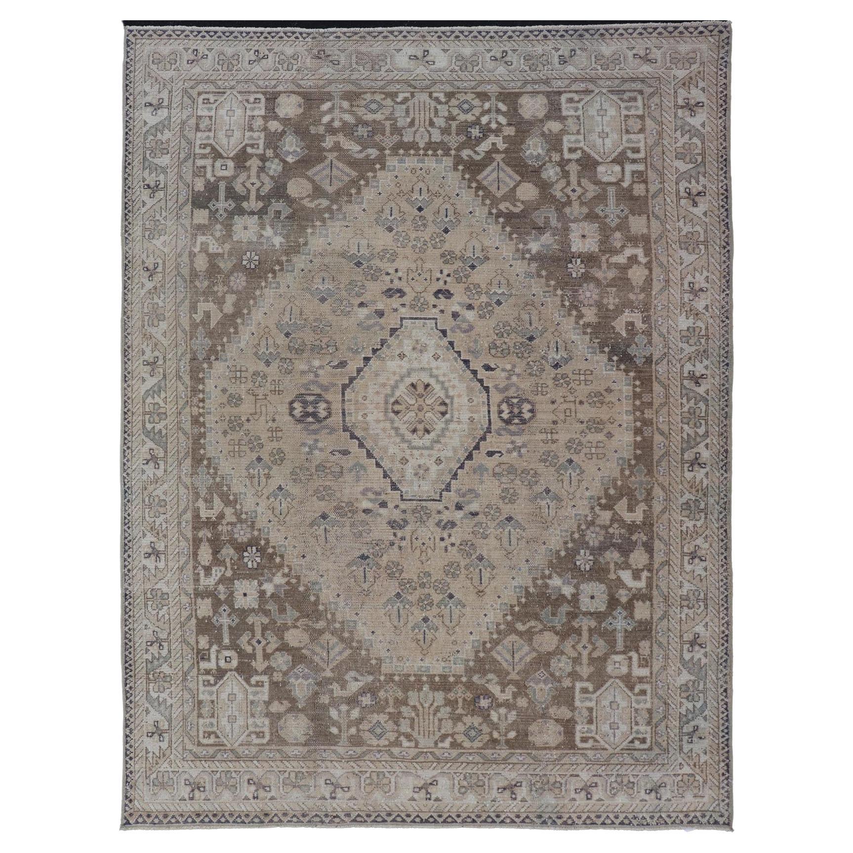 Persian Hand Knotted Shiraz Rug with Vertical Sub-Geometric Medallion