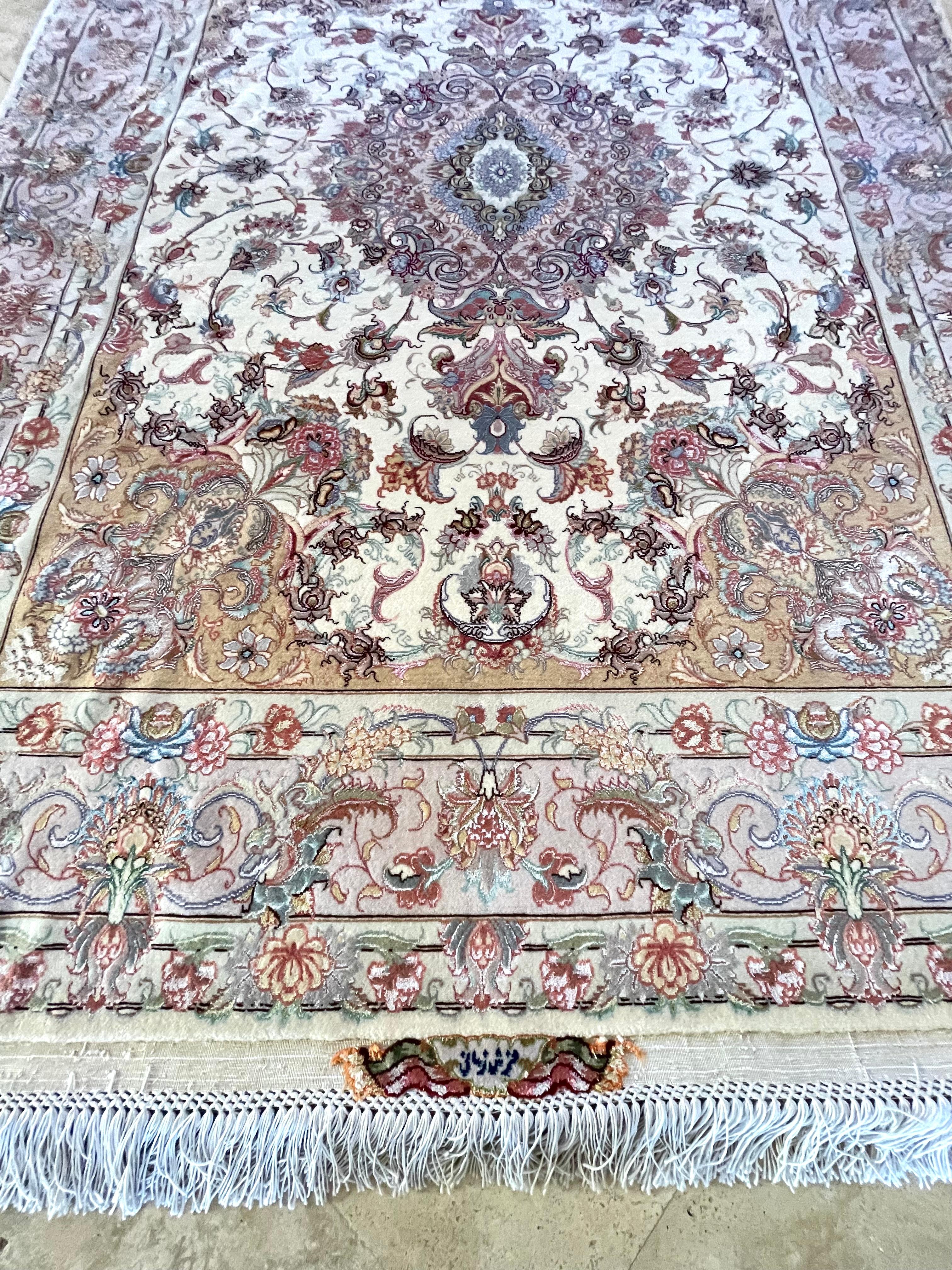 Persian Hand Knotted Silk Floral Tabriz Rug New For Sale 4