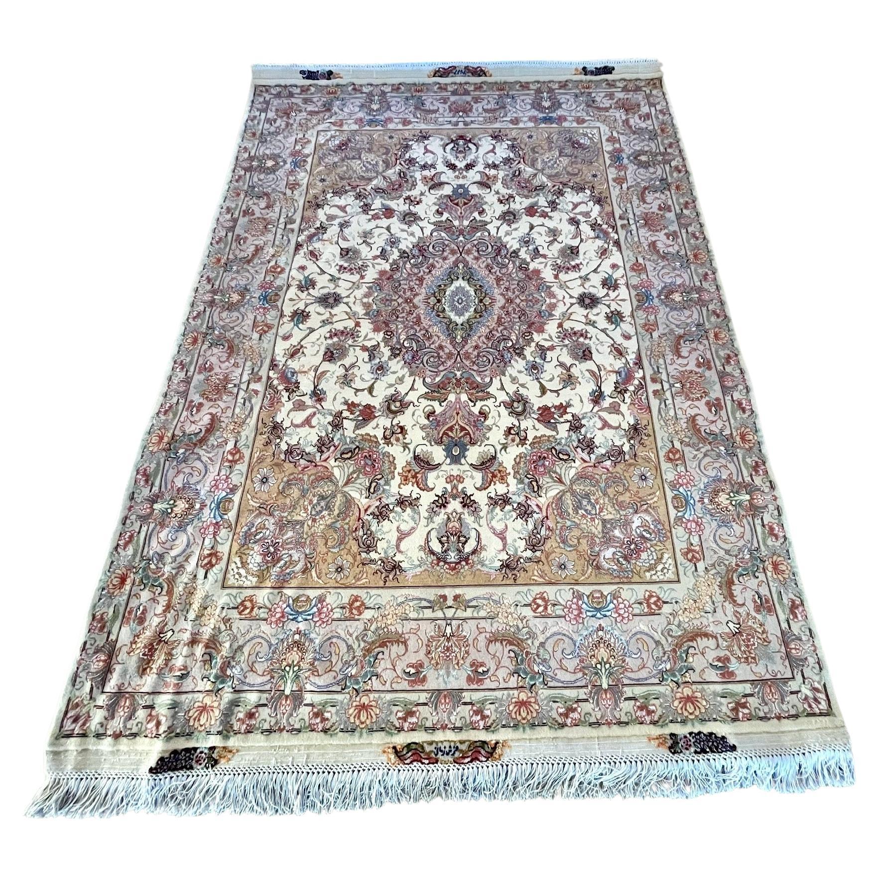Hand-Knotted Persian Hand Knotted Silk Floral Tabriz Rug New For Sale