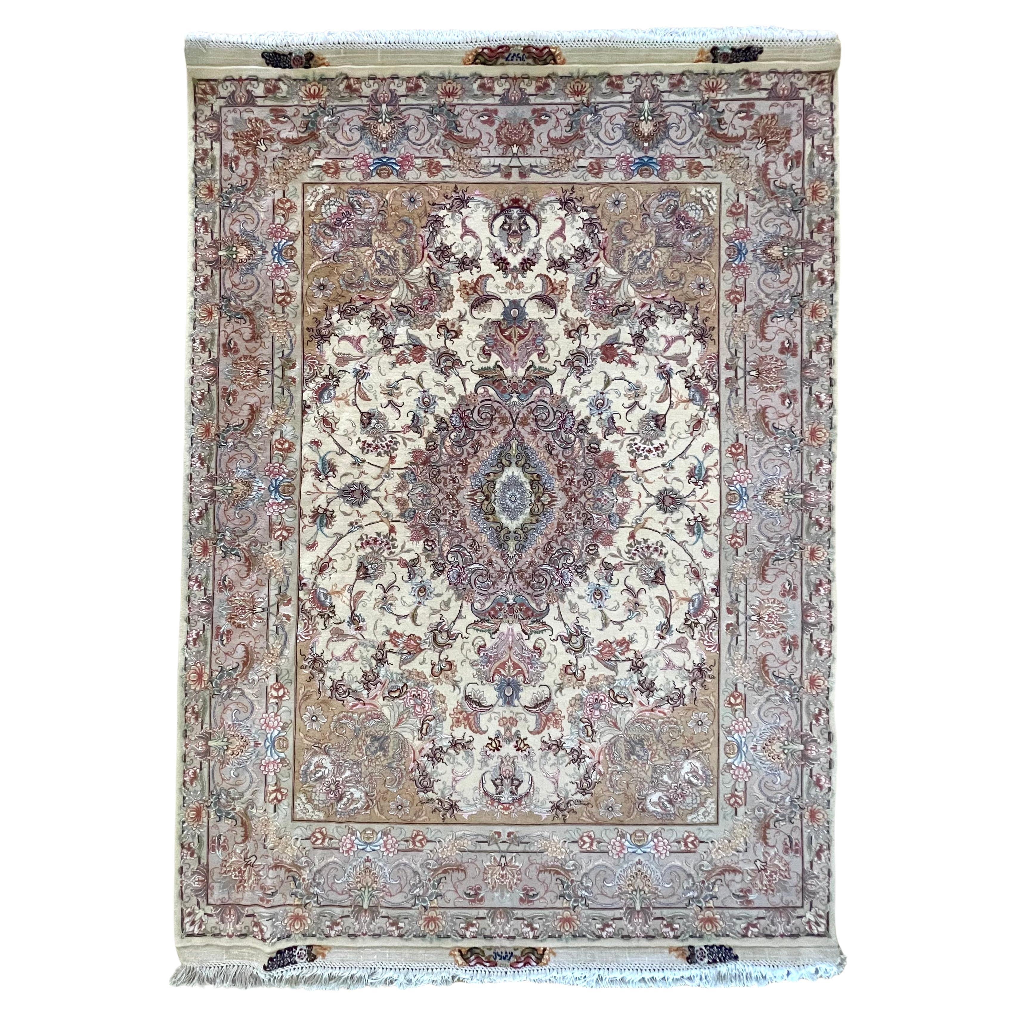 Persian Hand Knotted Silk Floral Tabriz Rug New For Sale