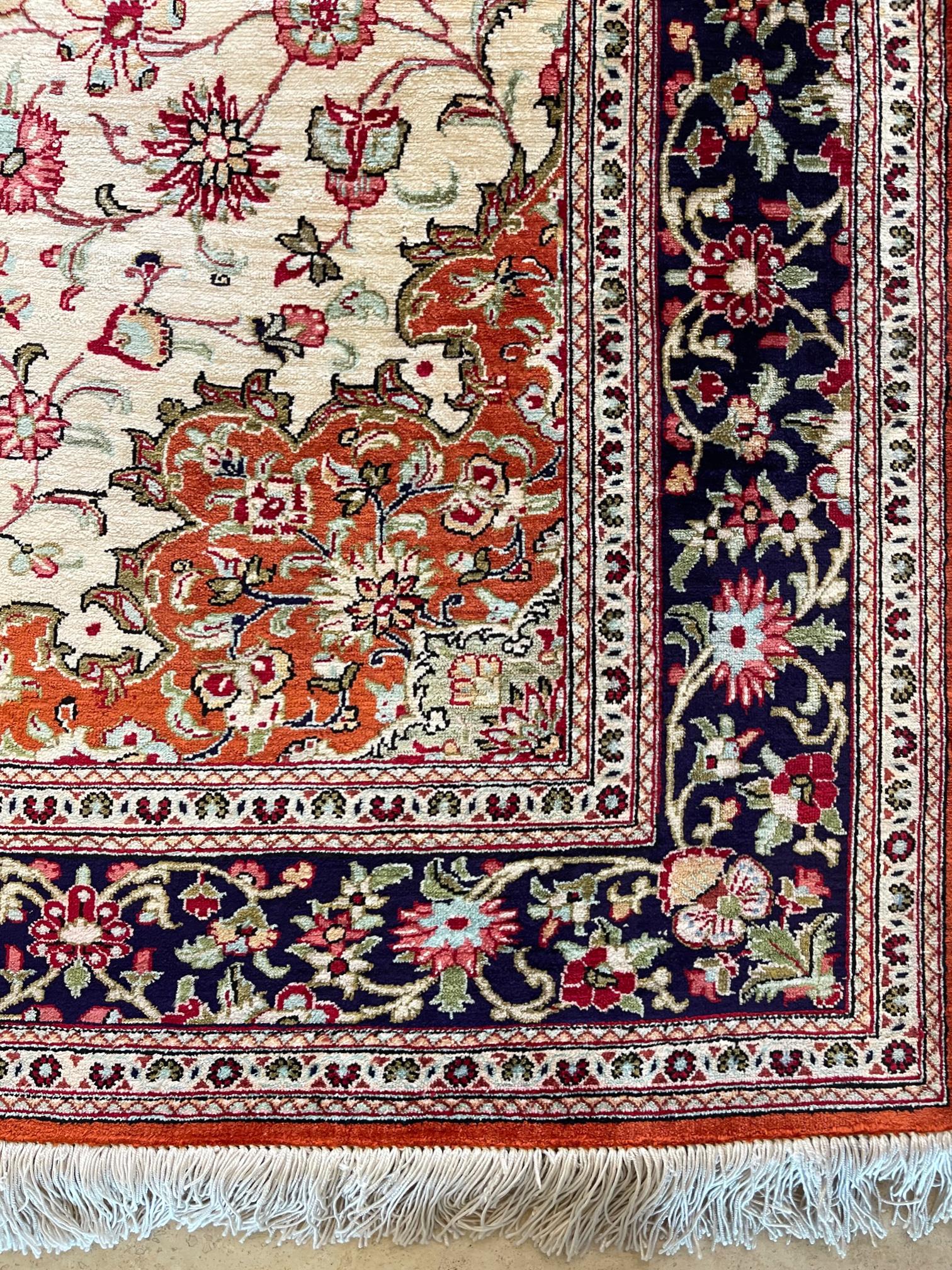 Persian Hand Knotted Silk Medallion Floral Qum Rug 1990 Circa 5