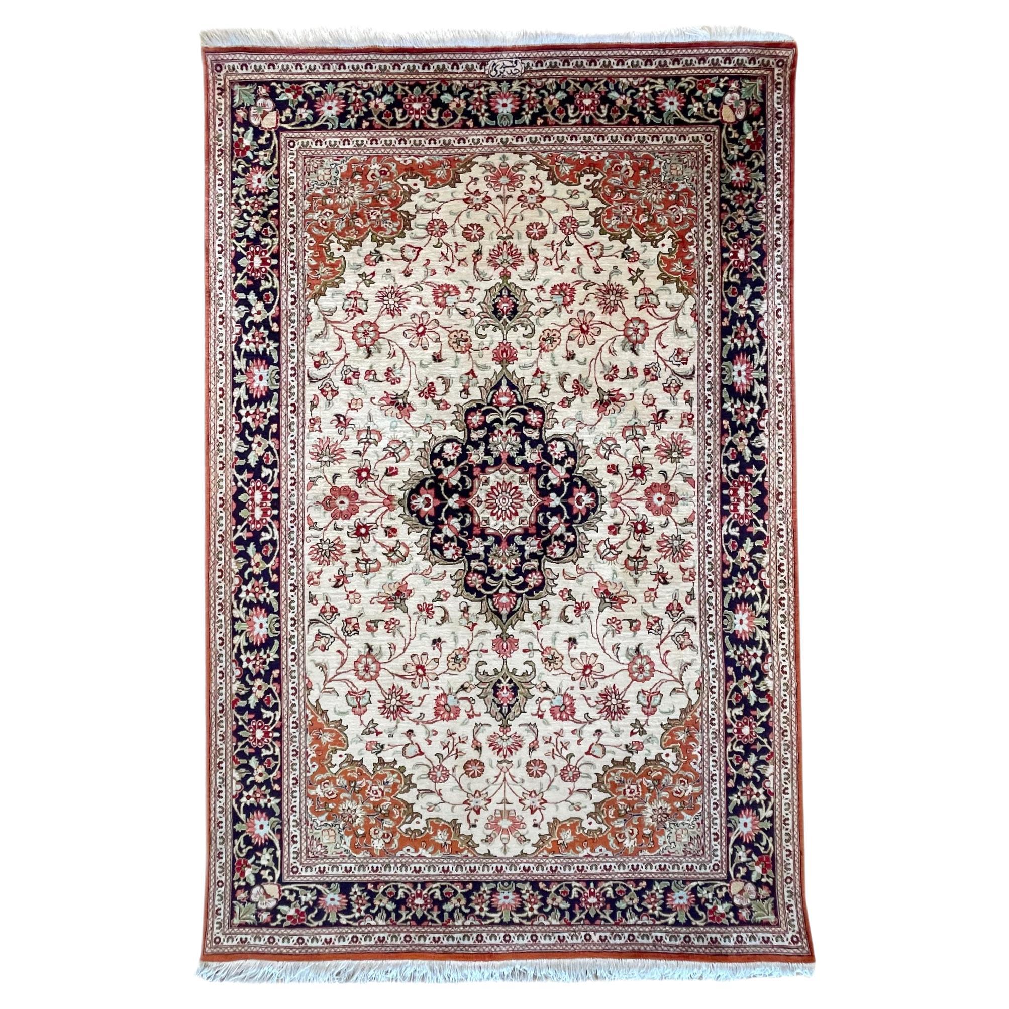Persian Hand Knotted Silk Medallion Floral Qum Rug 1990 Circa For Sale