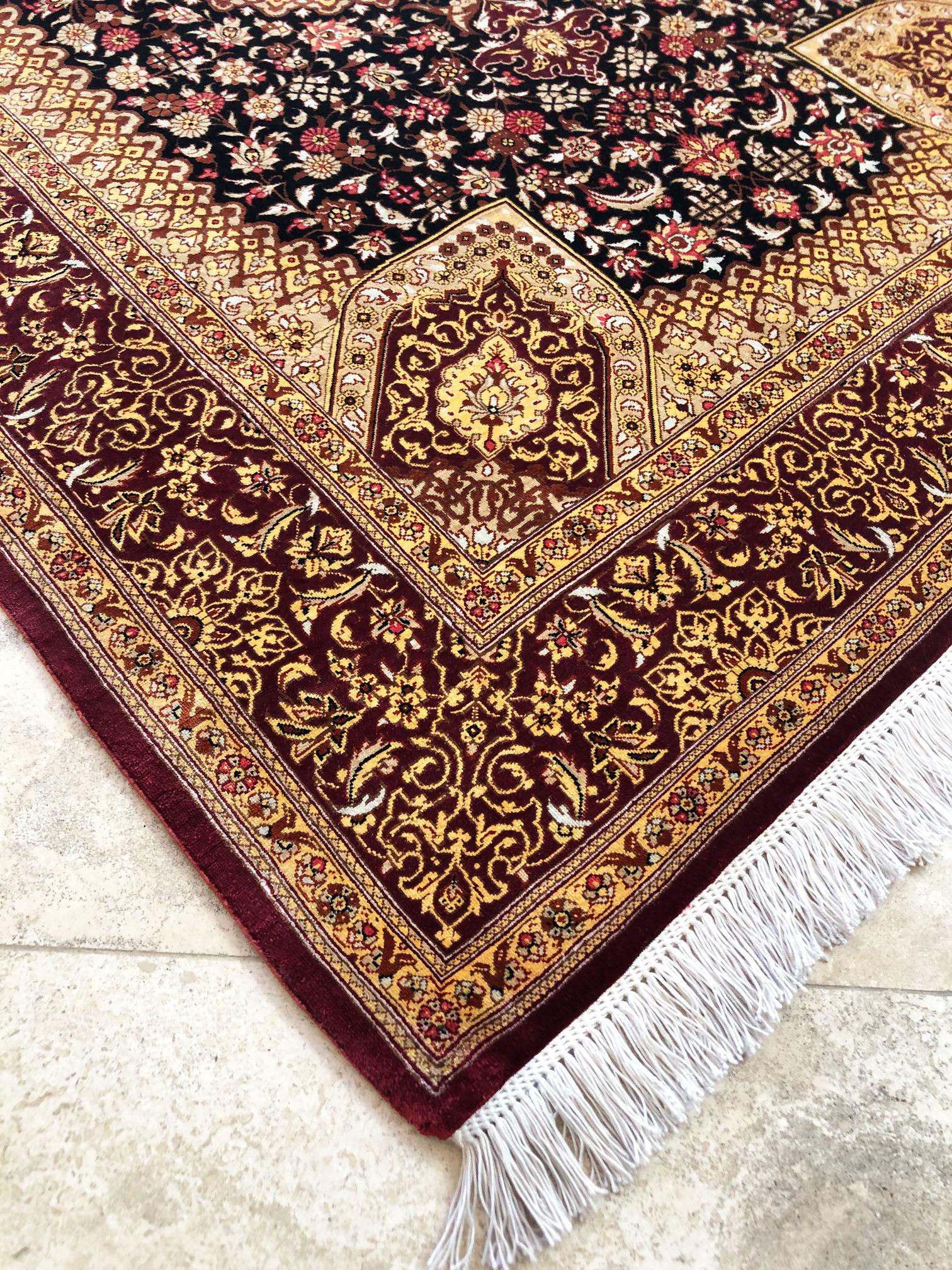 Persian Hand Knotted Silk Medallion Floral Qum Rug For Sale 7