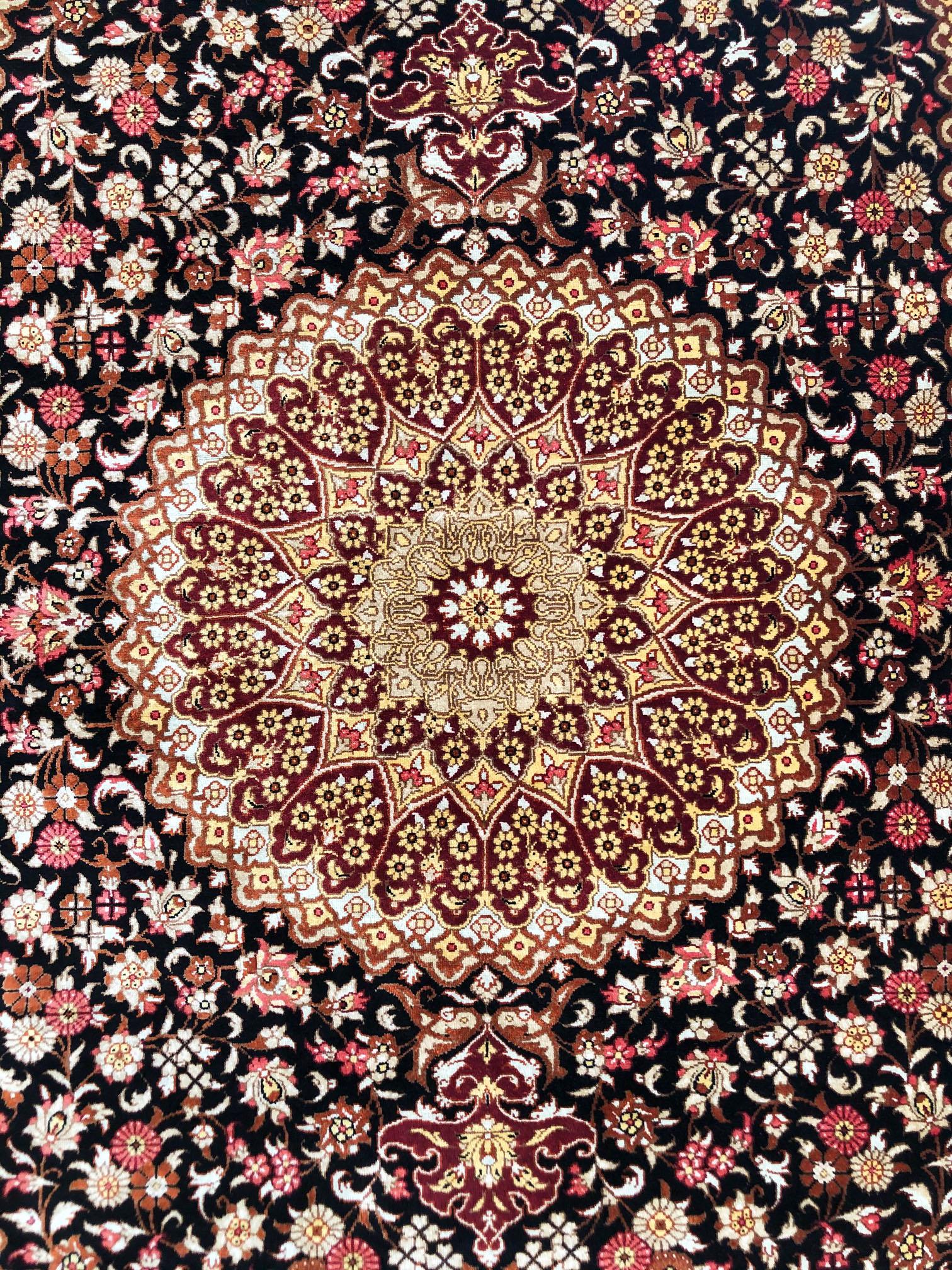 Contemporary Persian Hand Knotted Silk Medallion Floral Qum Rug For Sale