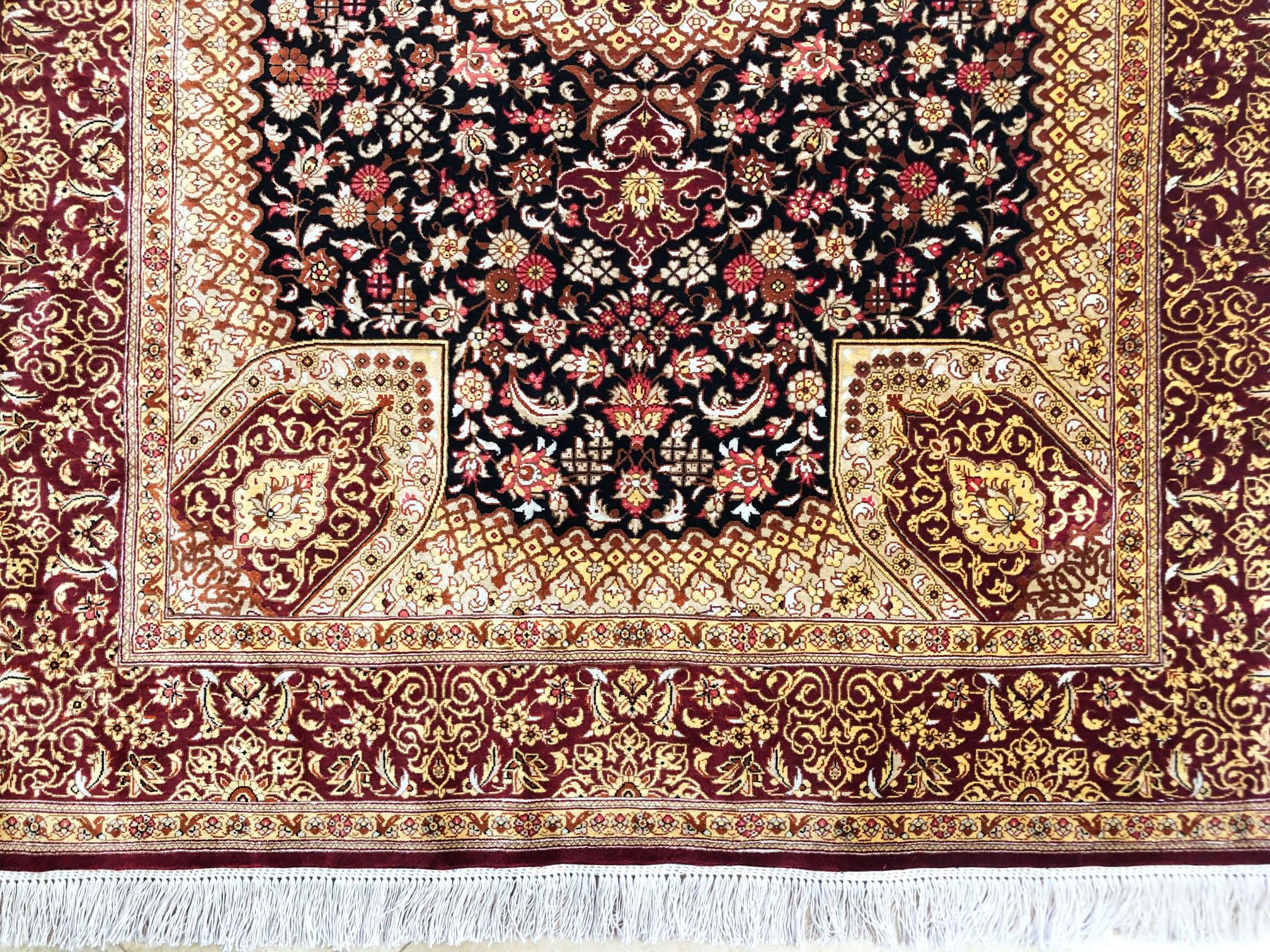 Persian Hand Knotted Silk Medallion Floral Qum Rug For Sale 4