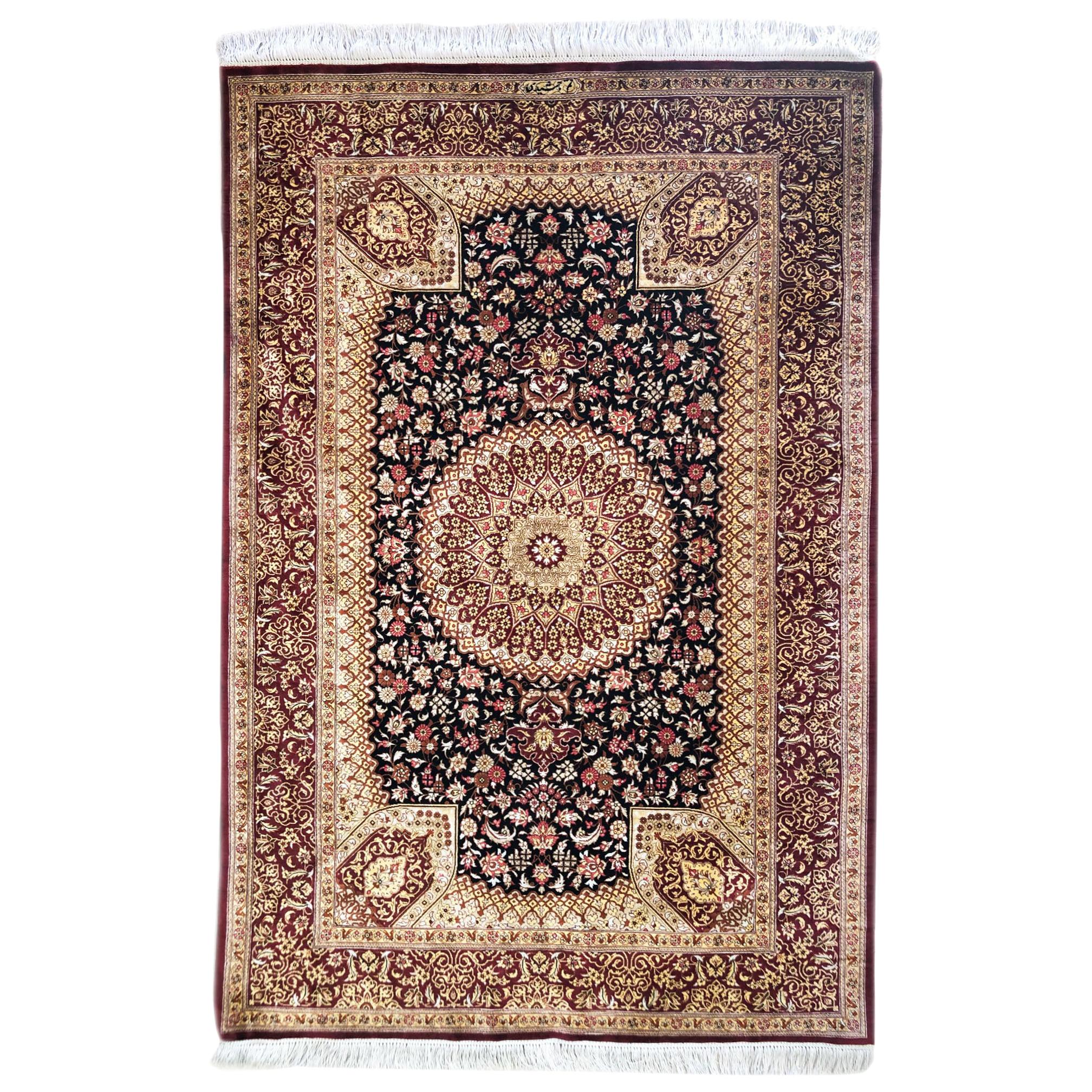 Persian Hand Knotted Silk Medallion Floral Qum Rug For Sale