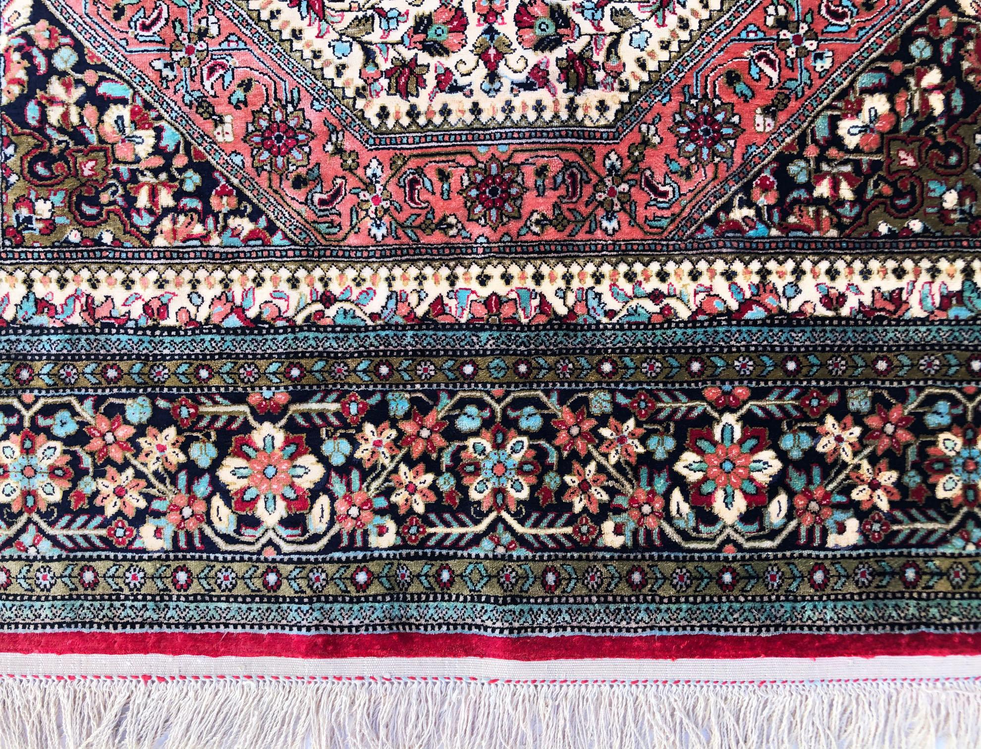 Persian Hand Knotted Silk Medallion Red Qum Rug Circa 1970 For Sale 7