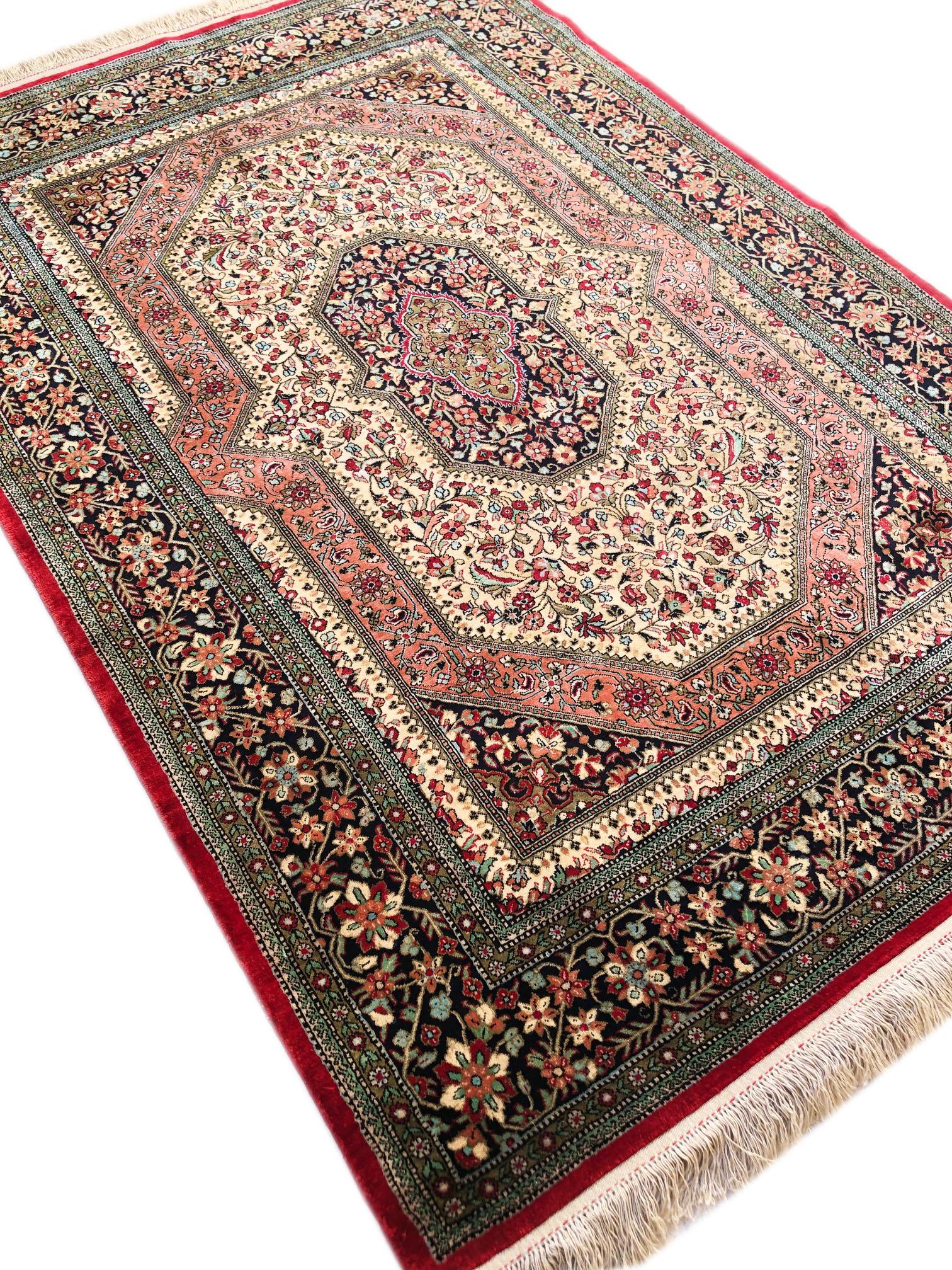Persian Hand Knotted Silk Medallion Red Qum Rug Circa 1970 For Sale 11