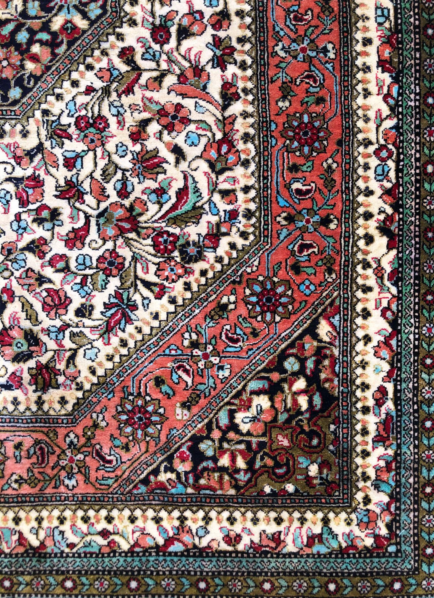 Persian Hand Knotted Silk Medallion Red Qum Rug Circa 1970 For Sale 1