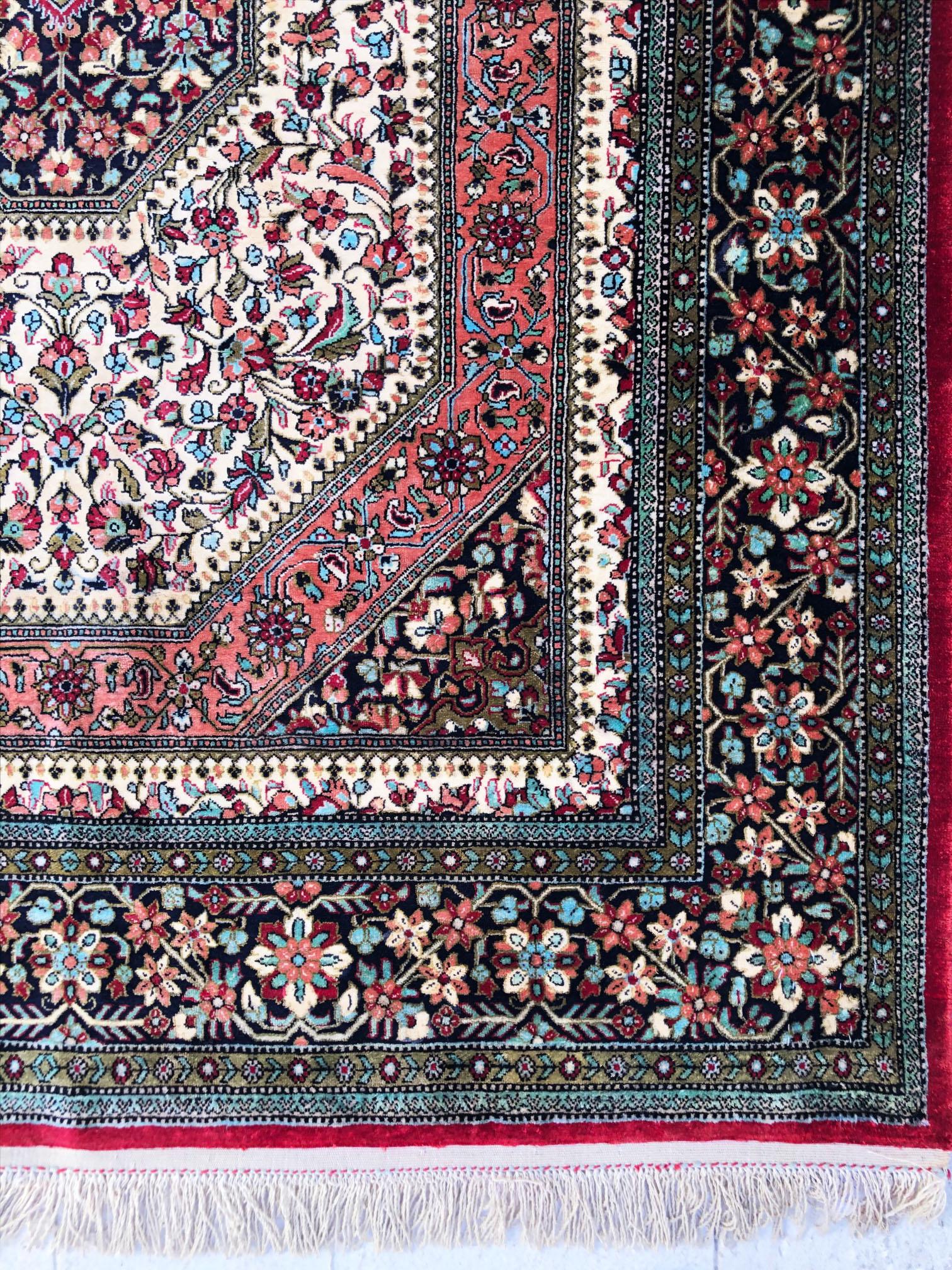 Persian Hand Knotted Silk Medallion Red Qum Rug Circa 1970 For Sale 3