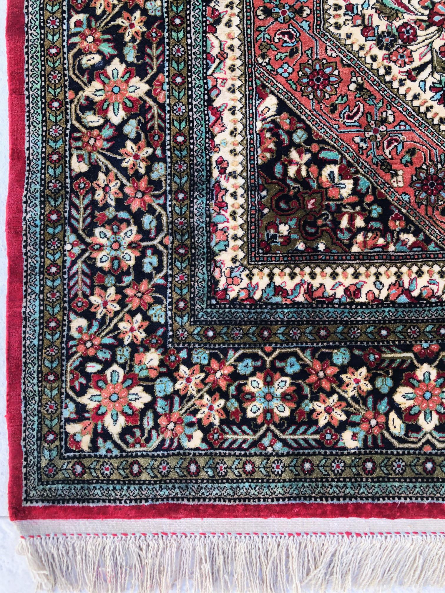 Persian Hand Knotted Silk Medallion Red Qum Rug Circa 1970 For Sale 4