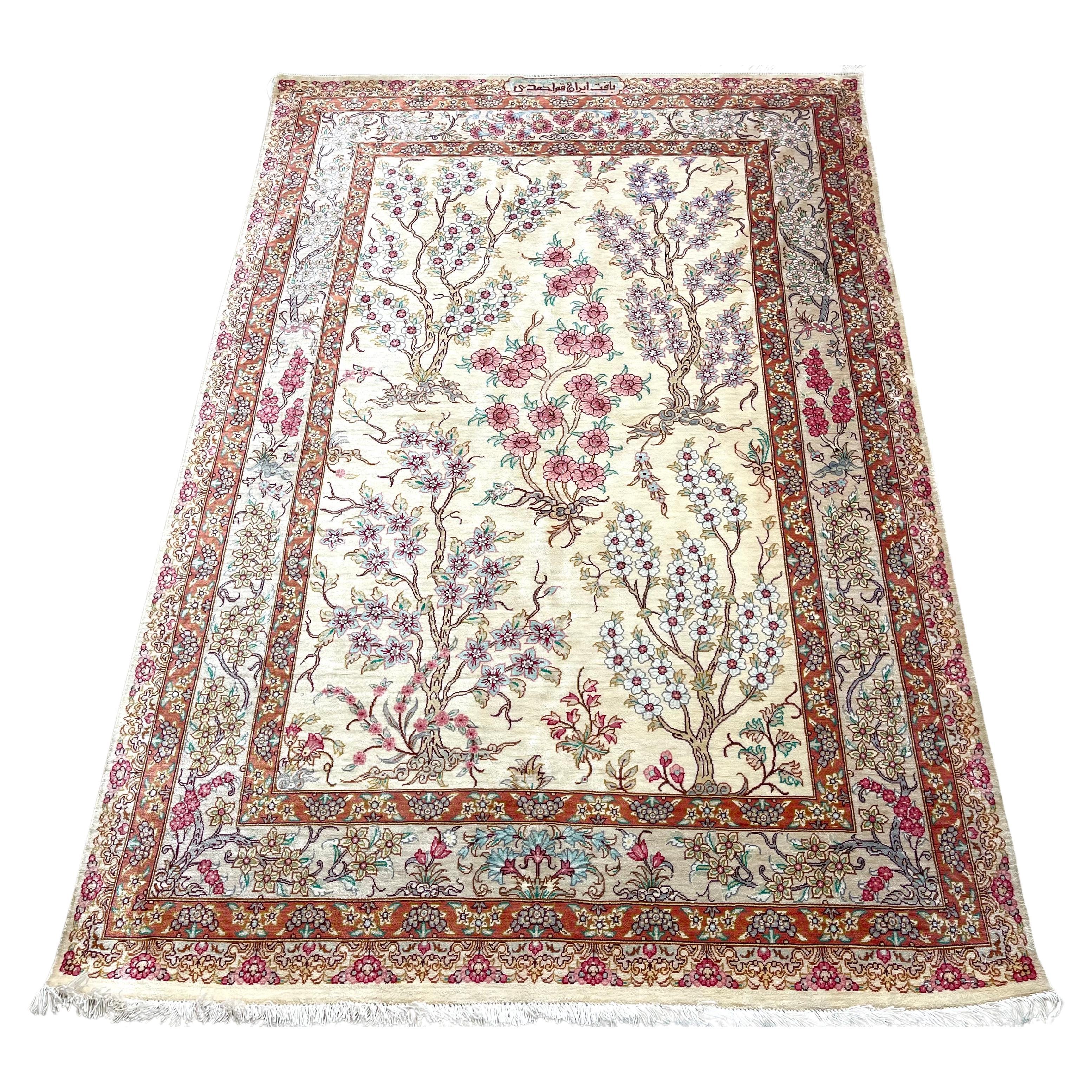 Introducing this authentic hand knotted Persian Qum rug, Qum, Iran, a city renowned for its exceptional craftsmanship in rug weaving for over a century. This particular masterpiece features a sumptuous silk pile and a durable silk foundation,