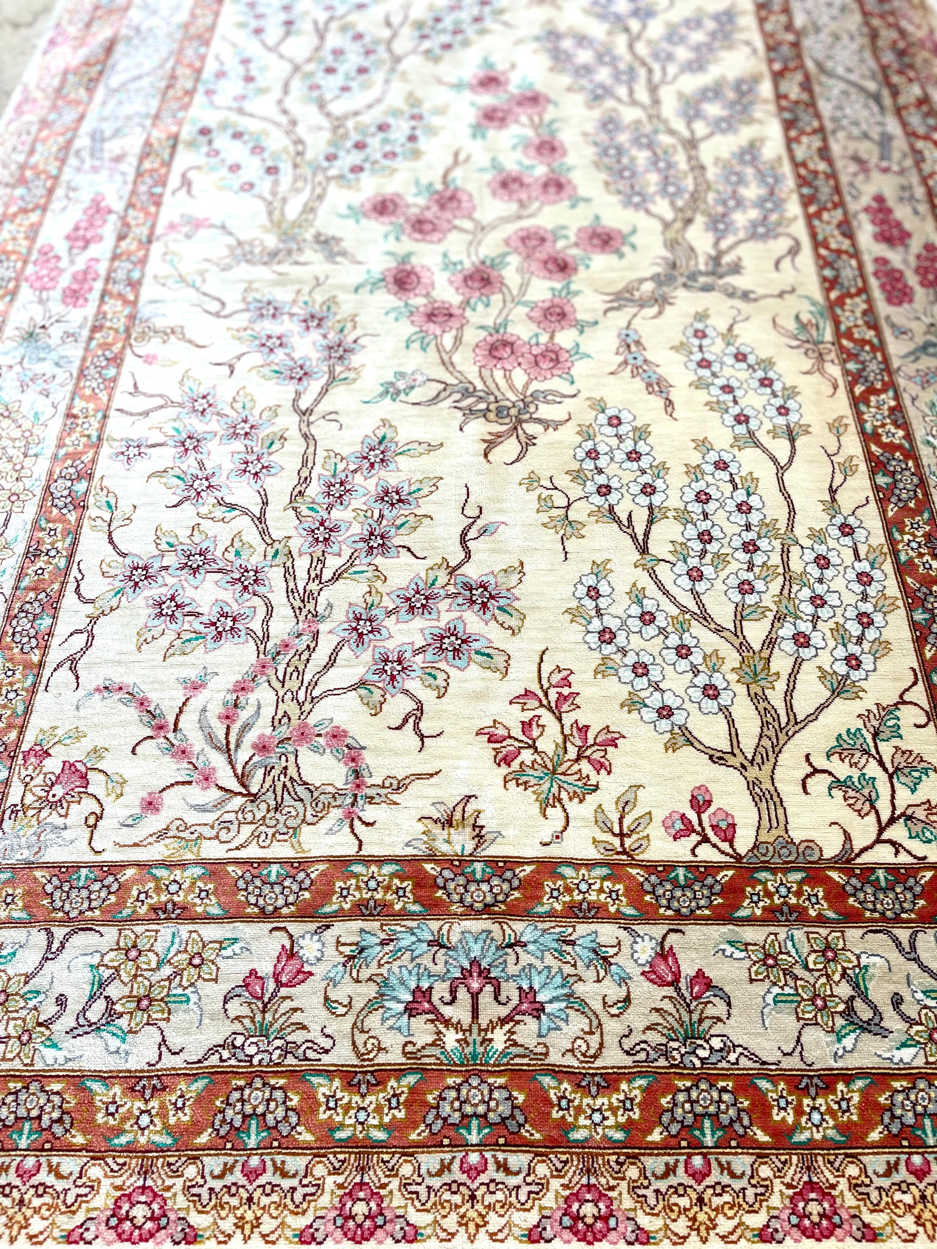 Contemporary Persian Tree Of  Life Silk Qum Rug For Sale