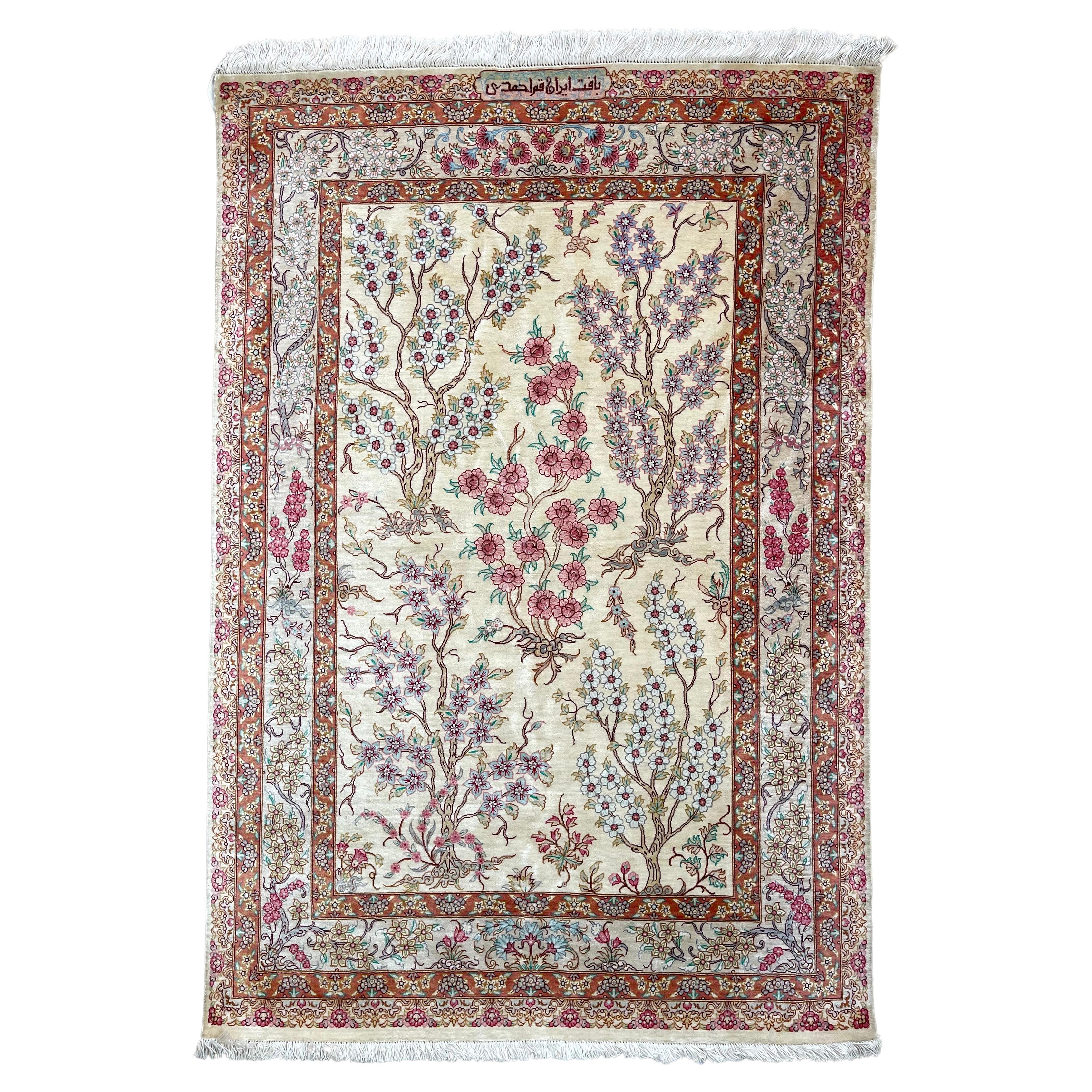 Persian Tree Of  Life Silk Qum Rug For Sale