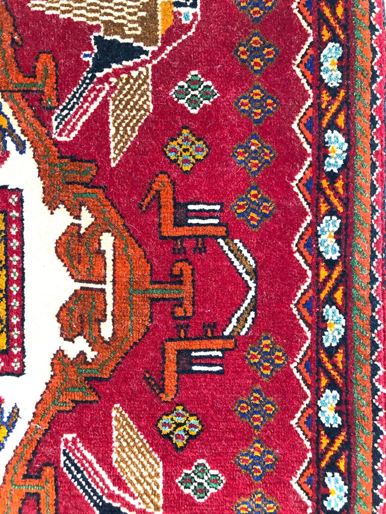 Persian Hand Knotted Tribal Bird Motif Red Ghashghai Rug at 1stDibs