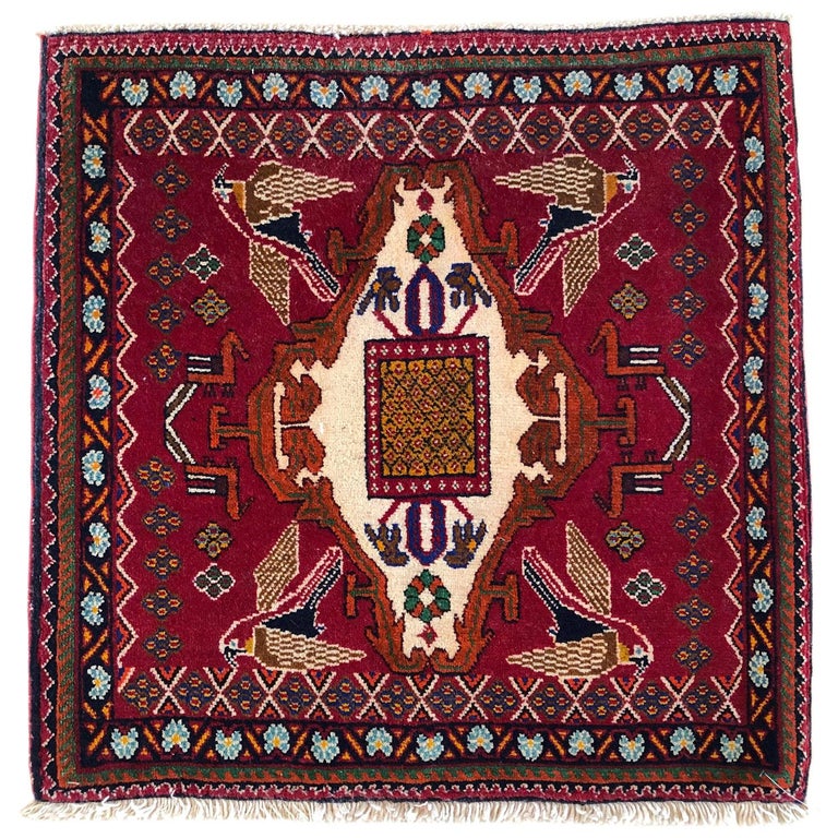 Persian Hand Knotted Tribal Bird Motif Red Ghashghai Rug at 1stDibs