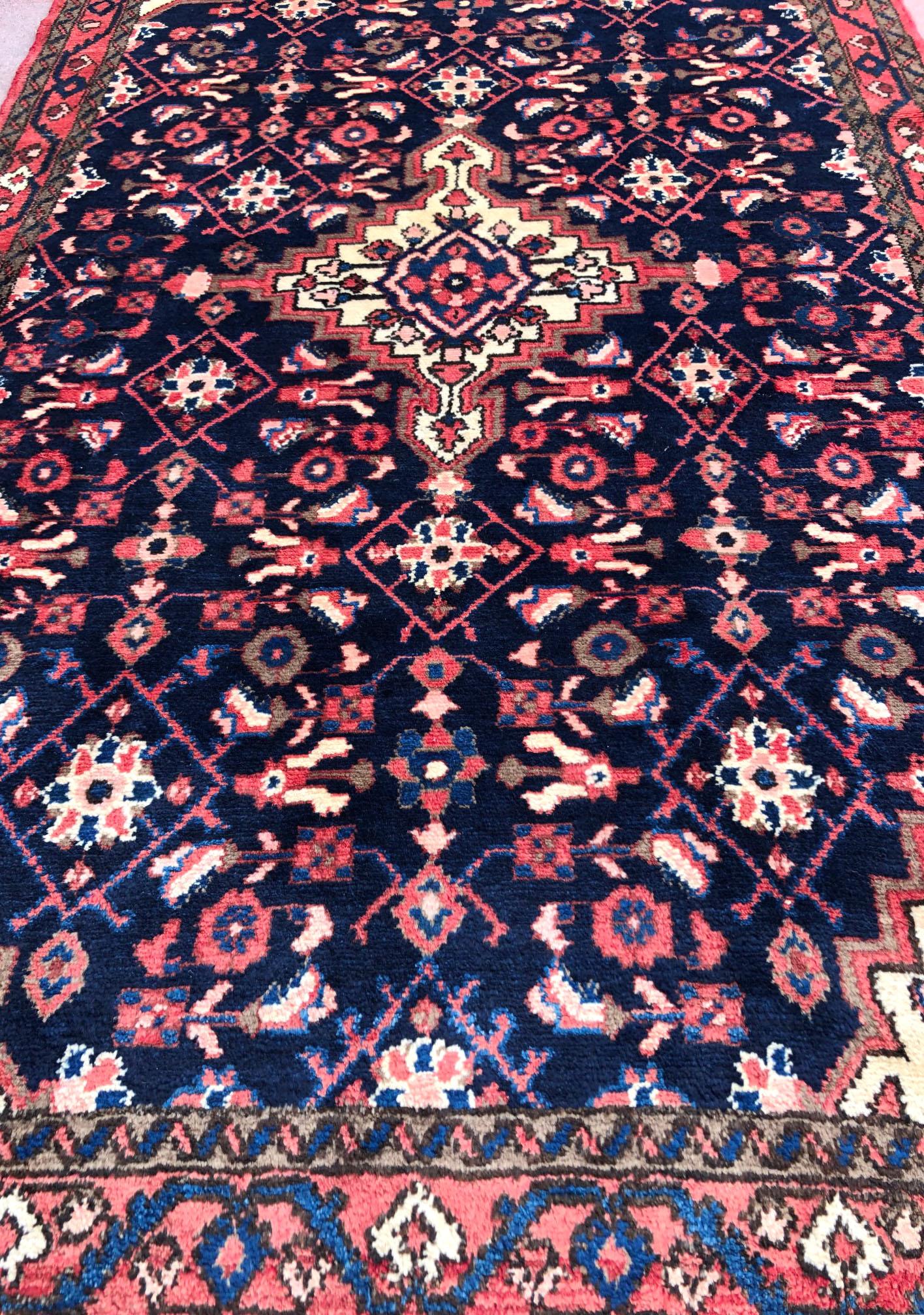 Hand-Knotted Persian Hand Knotted Tribal Medallion Blue Hamadan Rug, circa 1960 For Sale