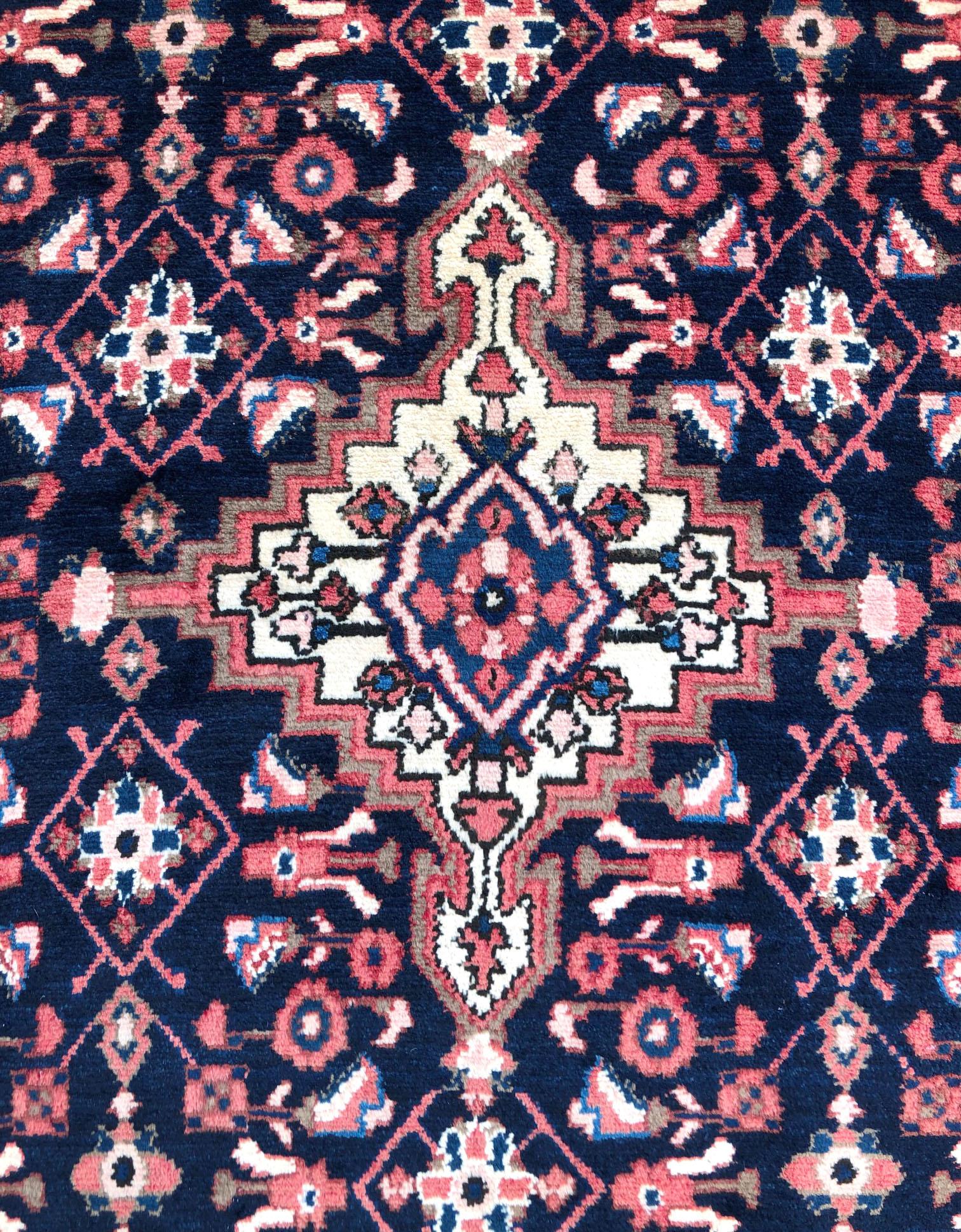 Mid-20th Century Persian Hand Knotted Tribal Medallion Blue Hamadan Rug, circa 1960 For Sale