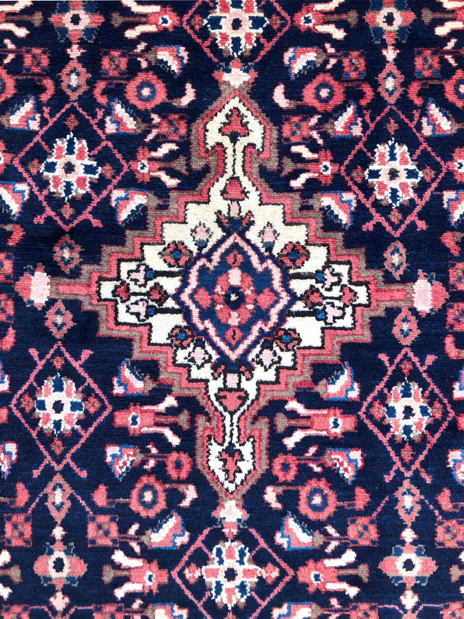 Cotton Persian Hand Knotted Tribal Medallion Blue Hamadan Rug, circa 1960 For Sale
