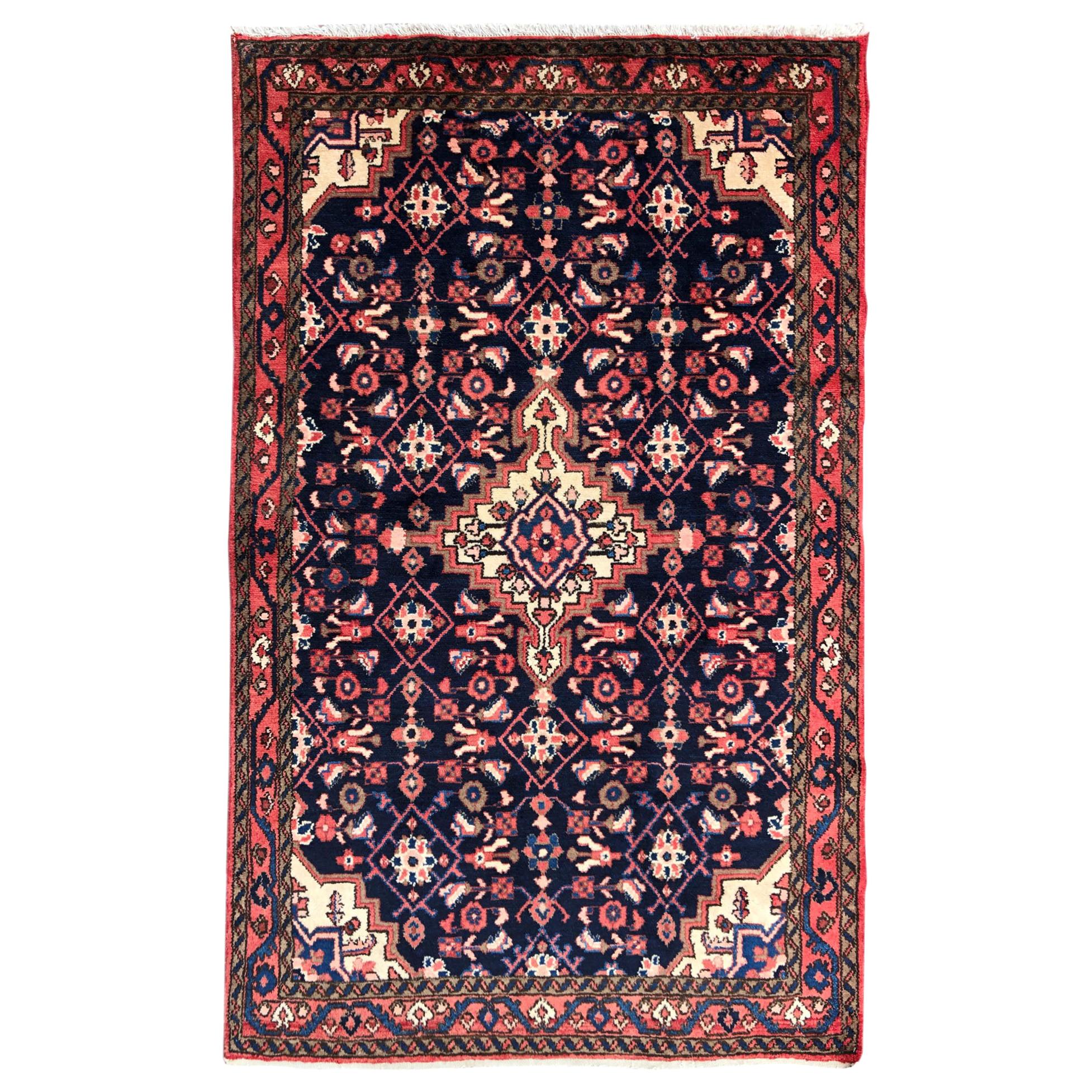 Persian Hand Knotted Tribal Medallion Blue Hamadan Rug, circa 1960