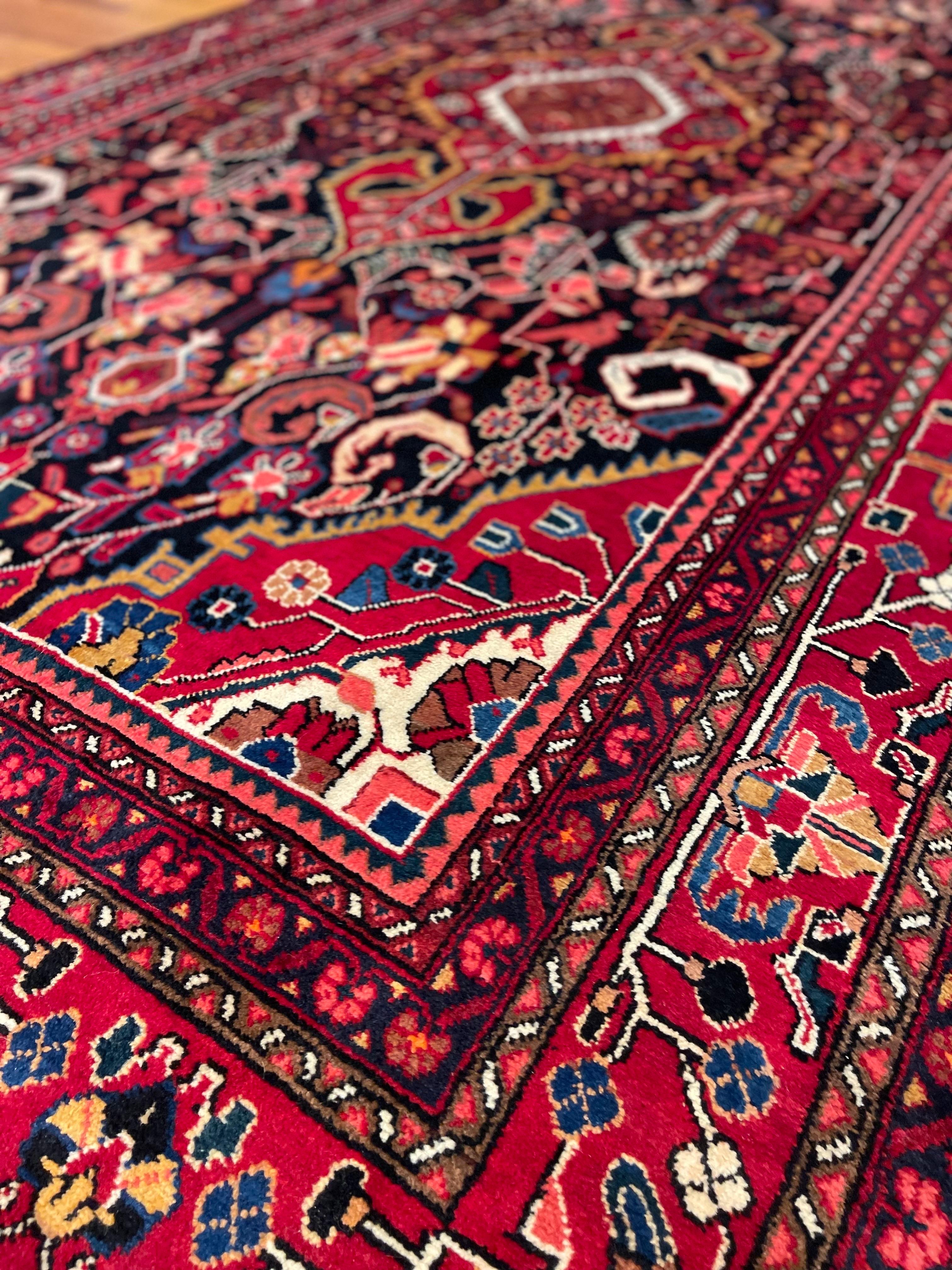 Wool Persian Hand Knotted Tribal Medallion Blue Red Bakhtiari Rug, circa 1960 For Sale
